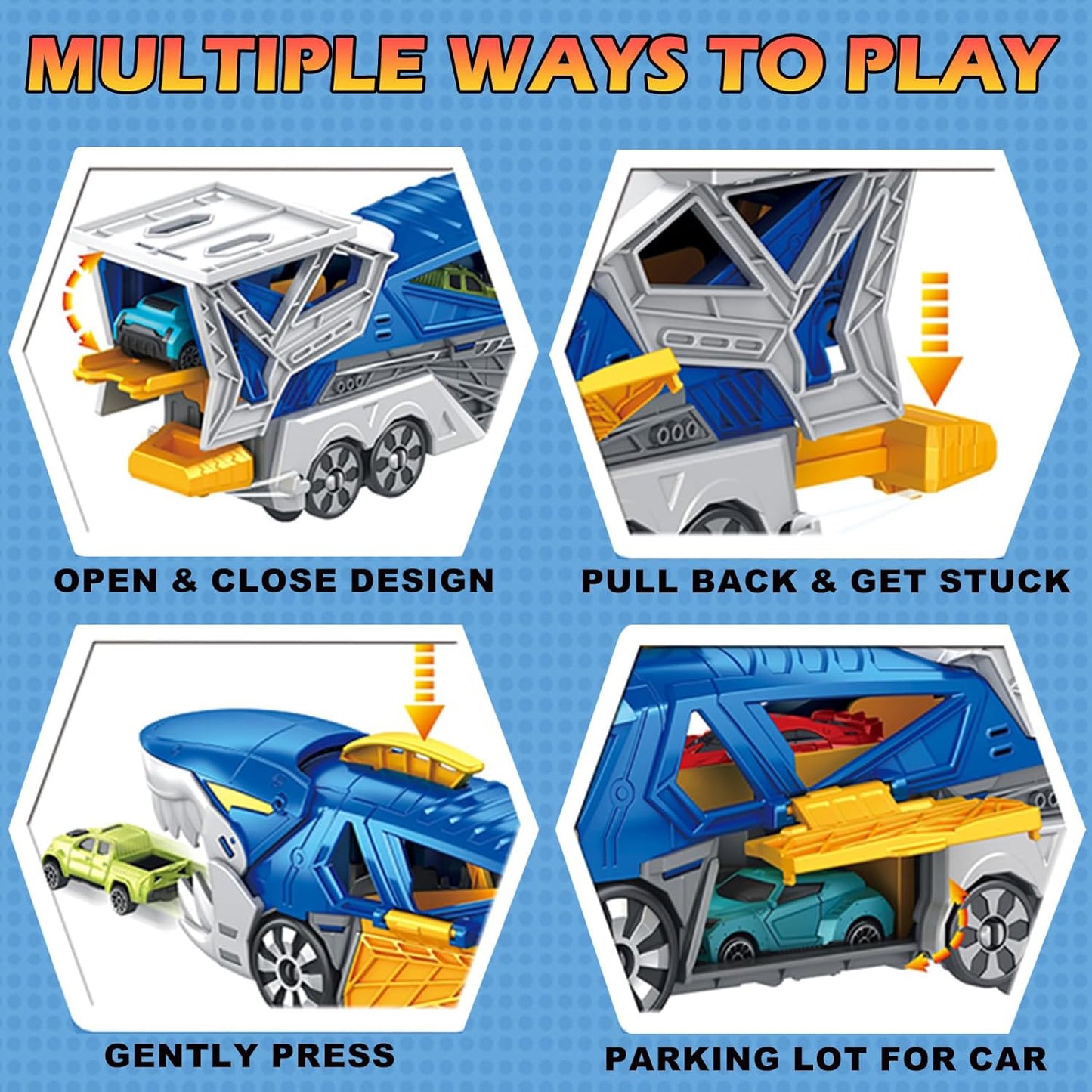 Lictin Shark Race Car Track Set for Kids, Race Track Toys with Carrier Truck, Loop Track & Launcher, 6 pcs High Speed Race Cars, Shark Parking Lot Toys for Boys Aged 3 4 5 6 7 Years Old