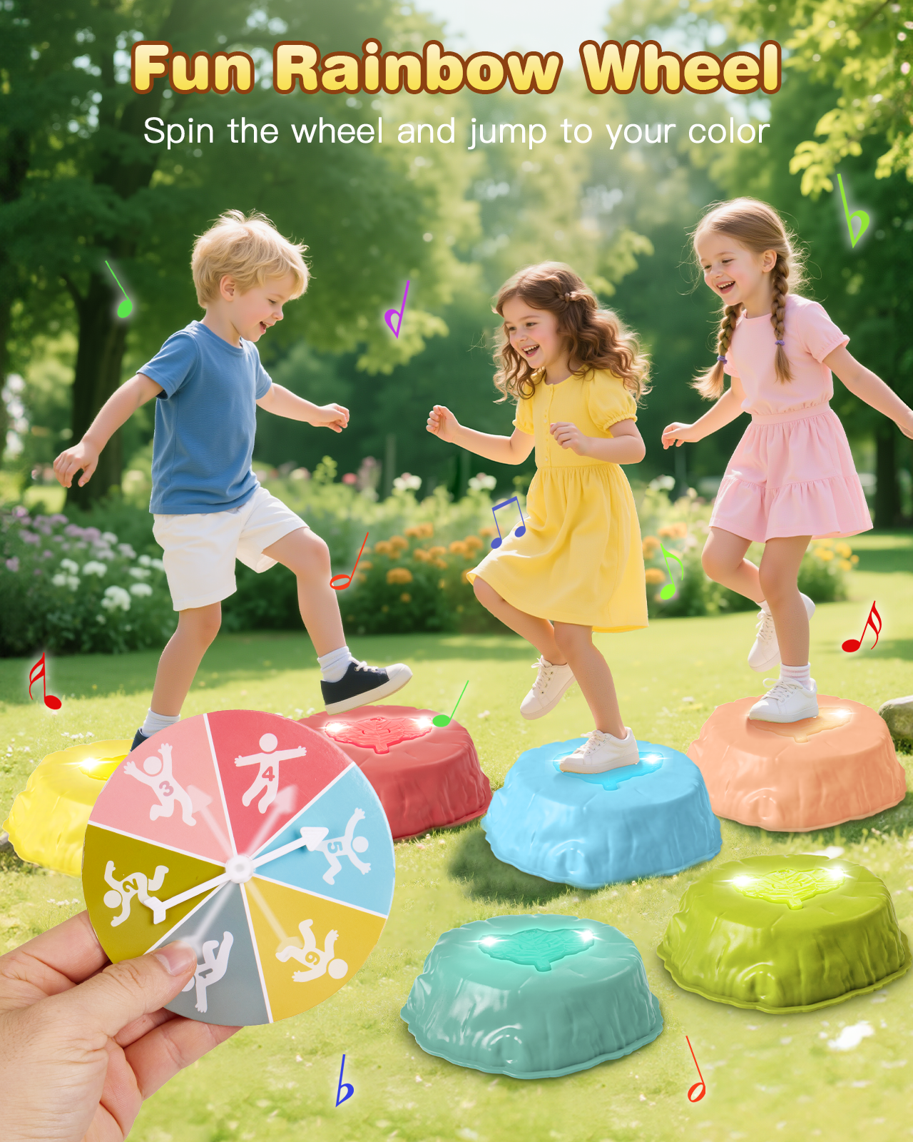 Gleamkid Musical Light-up Stepping Stones for Kids, 6pcs Pcs Non-Slip Balance Stepping Stones with Rainbow Spinner Game, Indoor Outdoor Sensory Toy Gifts for Toddlers Boys Girls Ages 3+
