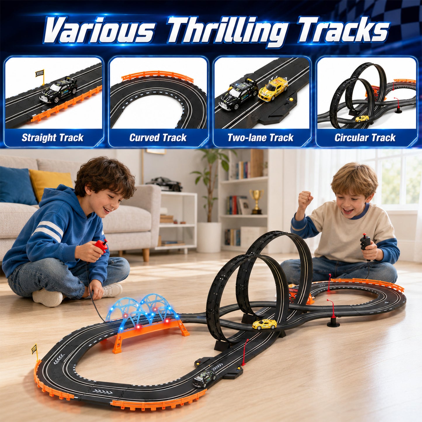Zacro Electric Slot Car Race Track Set with 2 High-Speed Racing Cars, Lap Counter, Loops & Bridges, Kids Racing Game Toy Set for Boys Kids Ages 4-12