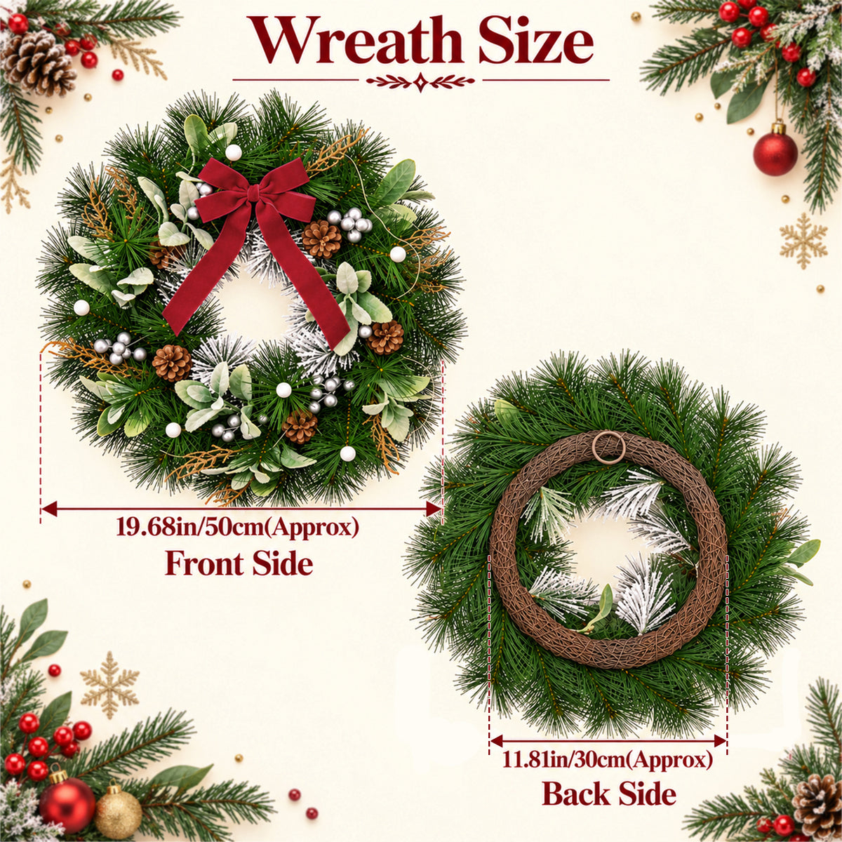 20in Christmas Wreath with Red Bow, LED Lights, for Front Door Indoor Outdoor Holiday Christmas Party Decorations