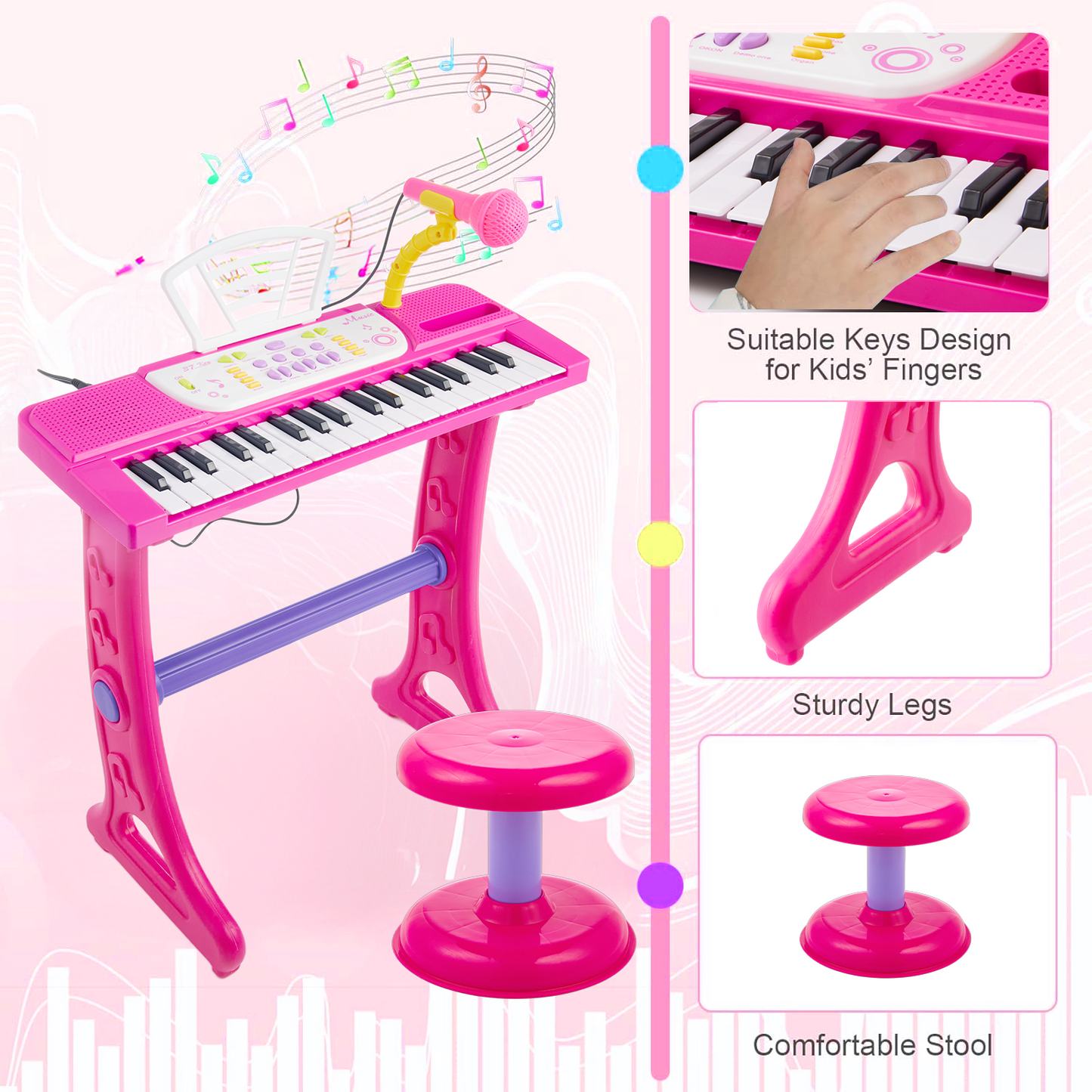 Gleamkid 37-Key Piano Keyboard for Kids, Electronic Piano Music Toy with Stool & Microphone, Musical Instrument Learning Toys Gift for Girls 1 2 3 4 , Pink