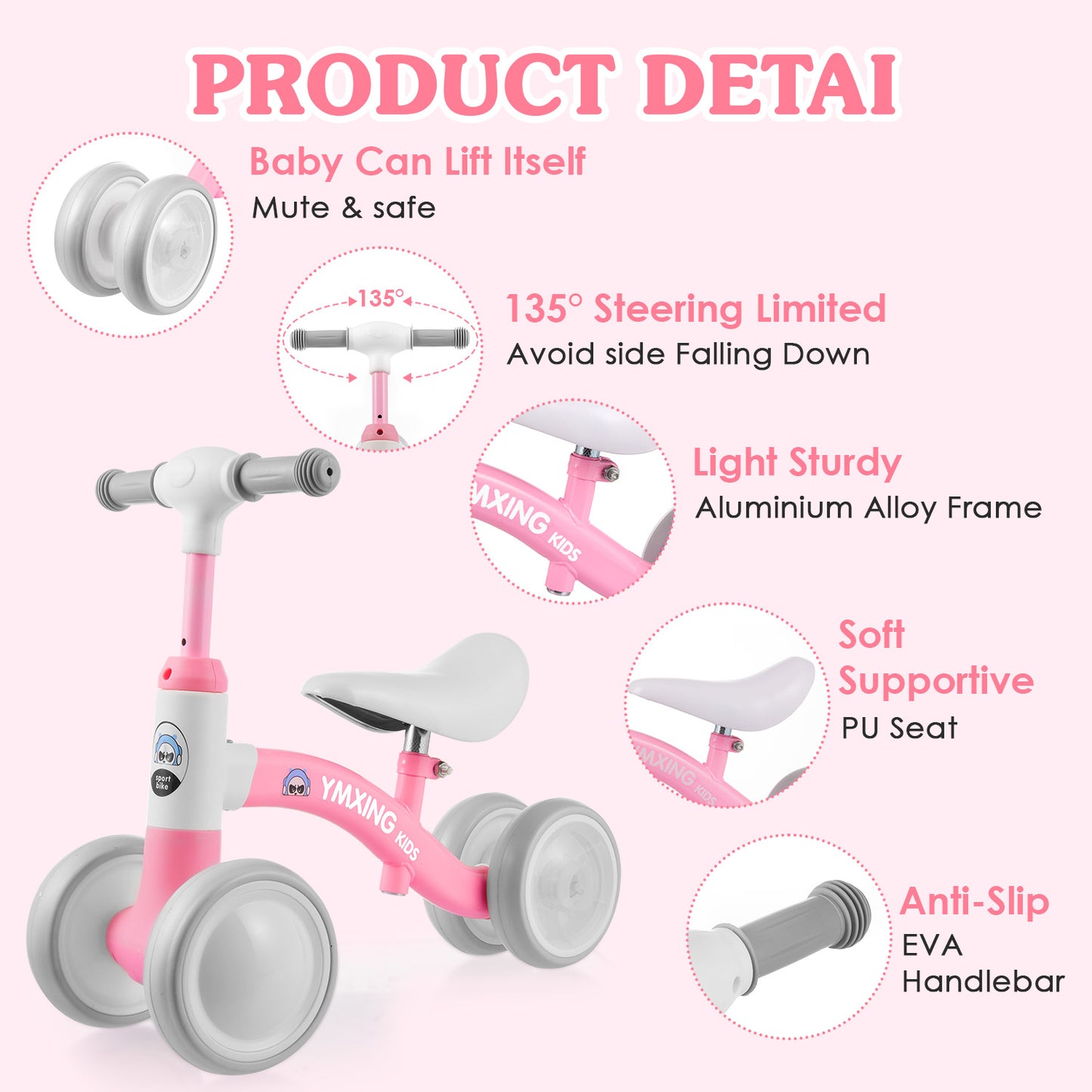 Colorful Lighting Toddler Baby Balance Bike, No Pedal Toddler Bikes with Adjustable Handlebar & Seat, 6.3 Inch Wheel, Suitable for Boys and Girls Ages 1 2 3