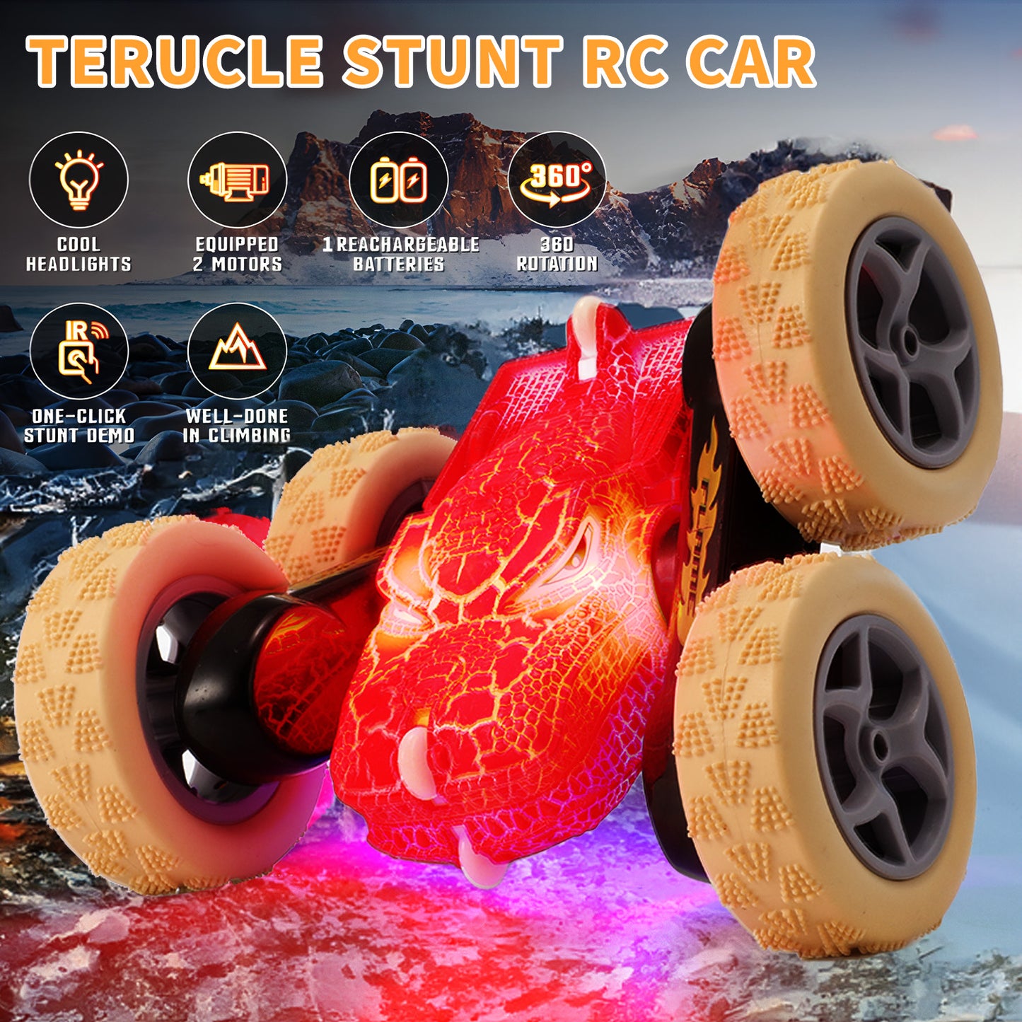 Anpro 2.4GHz Remote Control Car, Electric Race Stunt Car, Double Sided 360° Rolling Rotating Monster Truck Toys, 4WD High Speed Off Road Car for 3-12 Year Old Boys Girls Toys, Red