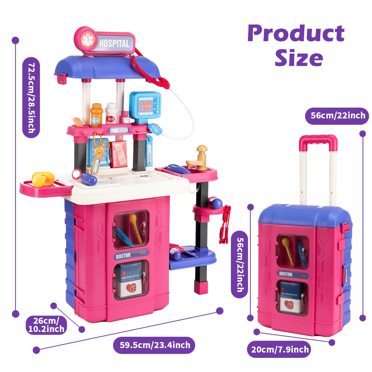 Anpro 38Pcs Toy Doctor Kit for Kids, 28Inch 3 in 1 Role Play Toys Medical Kit with Stethoscope, Pretend Mobile Medical Station with Realistic Light & Sound Effects for Boys Girls Age 3+, Red