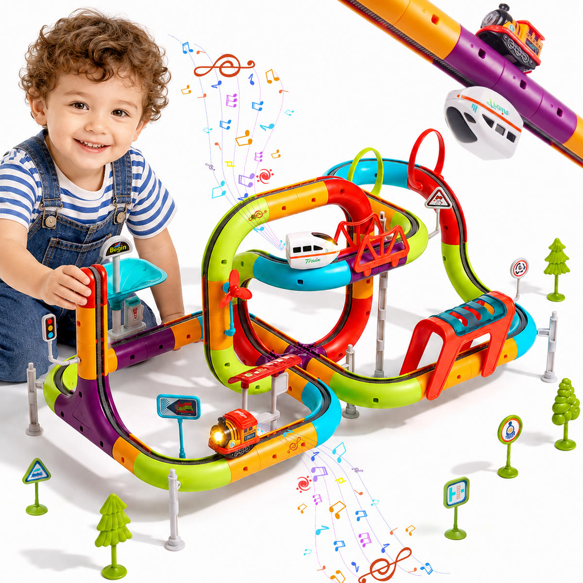 Zacro 94PCS Electric Train Set for Kids, Dual Track Racing Toy with Train & Subway Cars, DIY Building Track STEM Toy with Lights & Sound, Gifts for Boys Girls Ages 3+
