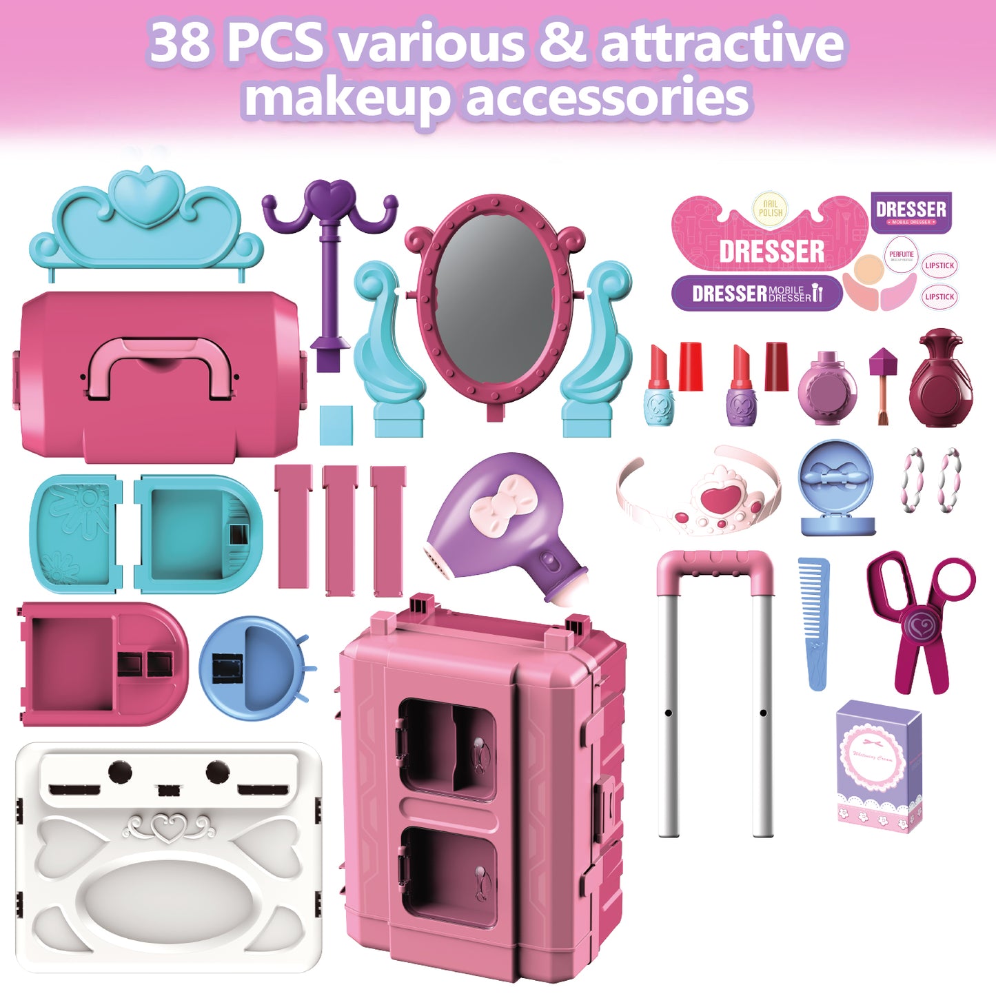 38PCS Toddler Makeup Vanity Set, Anpro 29Inch Princess Girls Vanity Table Set Toy with Light & Music and Accessories & Hair Dryer for Kids Toddlers Girl 3-5 Years, Pink
