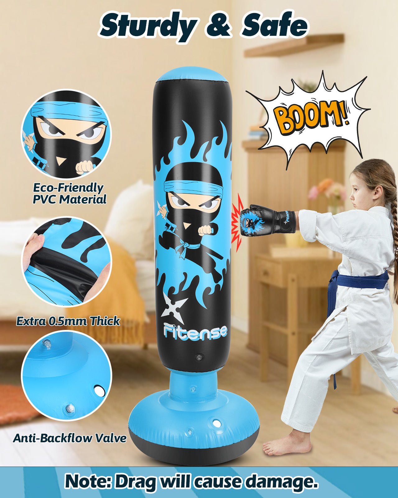Punching Bag for Kids, Lictin 63 Inch Inflatable Boxing Bag with Gloves, Funnel & Pump, Boxing Toy & Gifts for for 3-6 Boys & Girls, Kids Boxing Set for Practicing Karate, Taekwondo, Blue