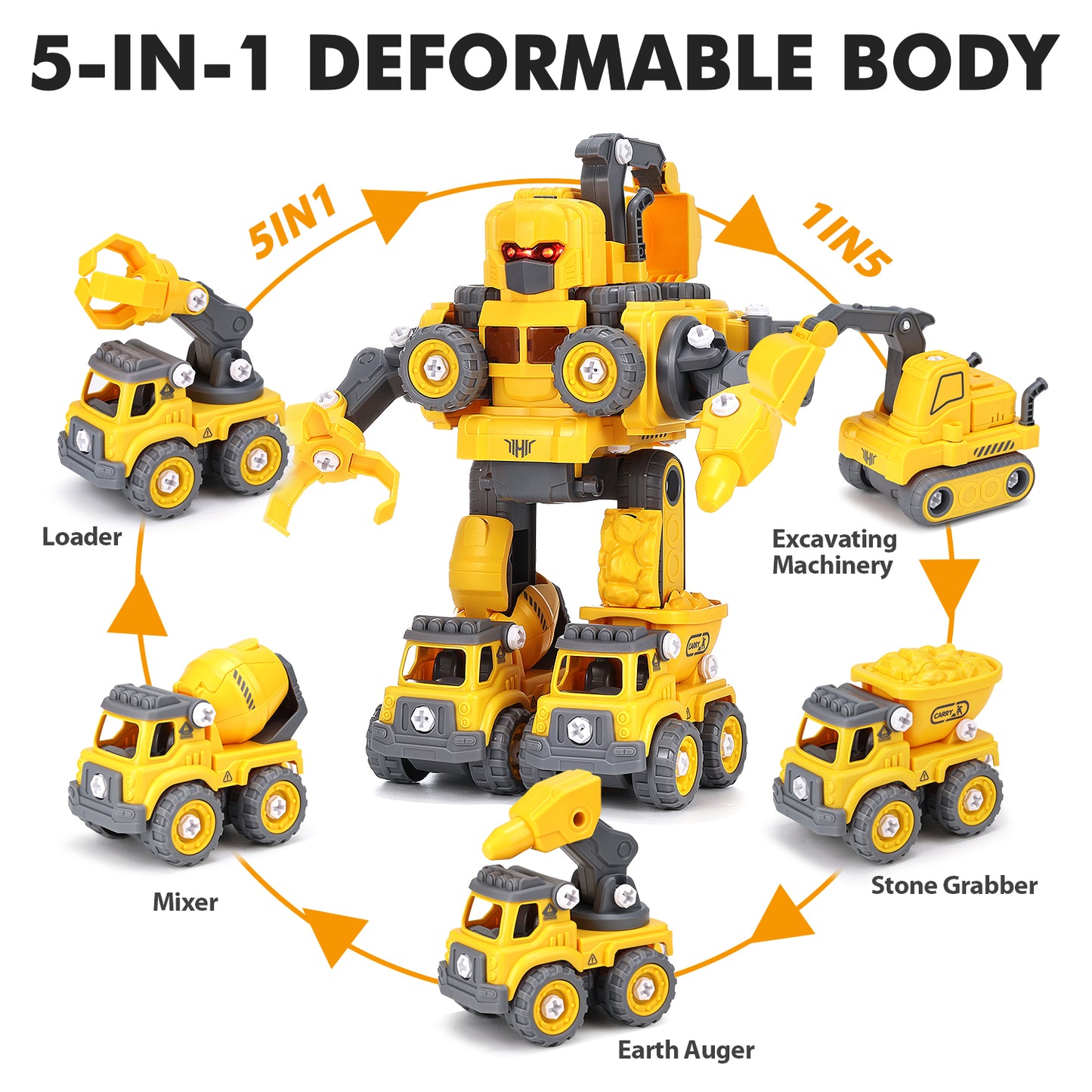Anpro 5 in 1 Robot Construction Vehicles Set Toy for Toddler, Construction Vehicles Transform Robots Toys with Light for Kids, Assemble Building Trucks DIY Toy for Boys Girl 3+ Year