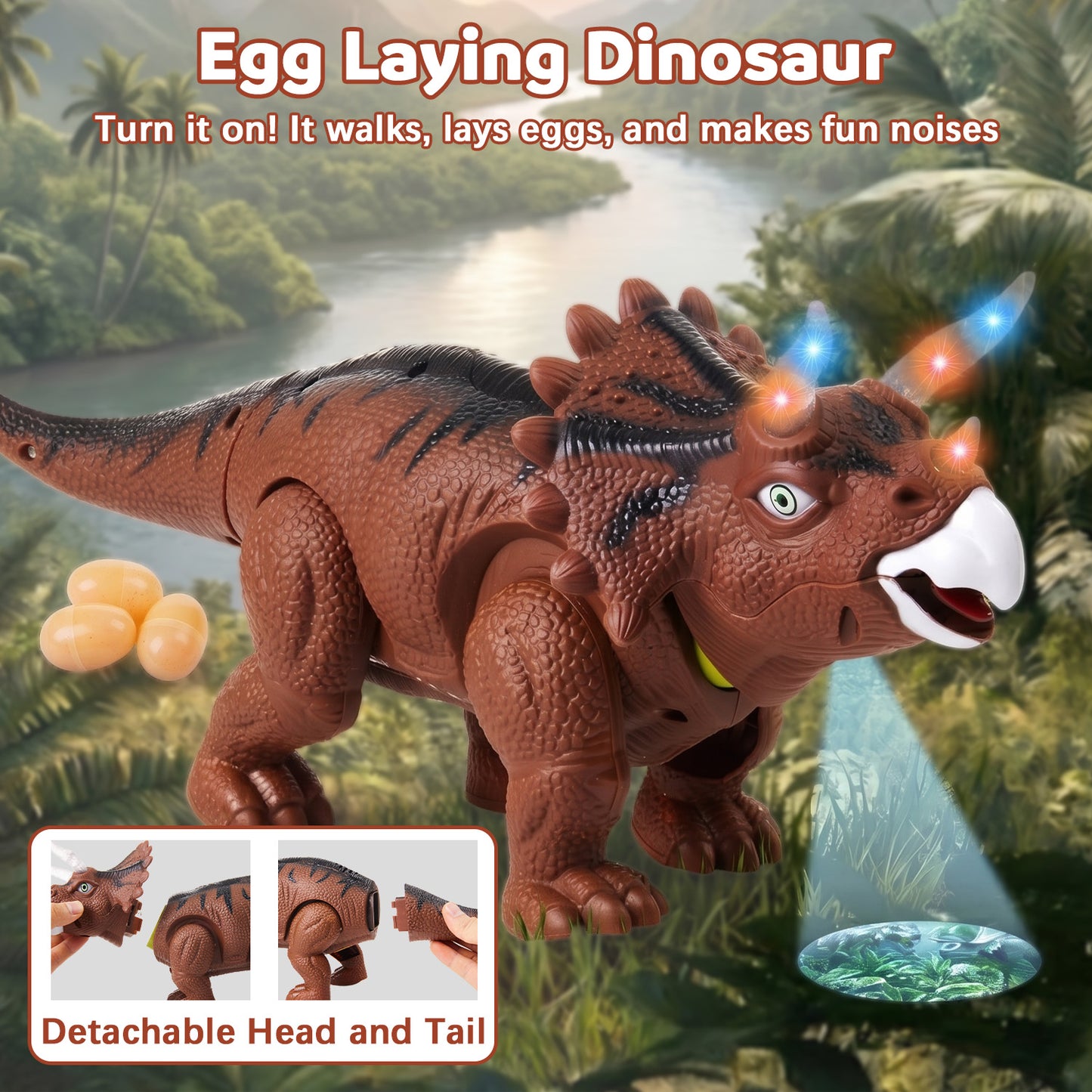Zacro Walking Dinosaur Toy for Toddler, Electric Triceratops with Sound & Light, Eggs and Projection, Dinosaur Toy for Kids Boy Girls