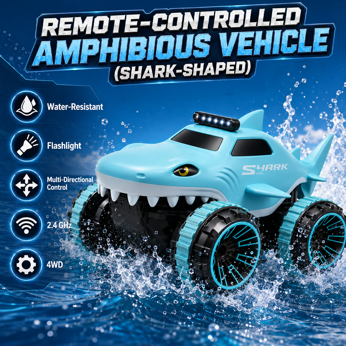 Zacro Amphibious Remote Control Car for Kids, 2.4GHz RC Shark Truck 360° Rotating Stunt Car with LED Lights, Waterproof All Terrain Off-Road Monster Toy Truck for Boys & Girls Ages 3+