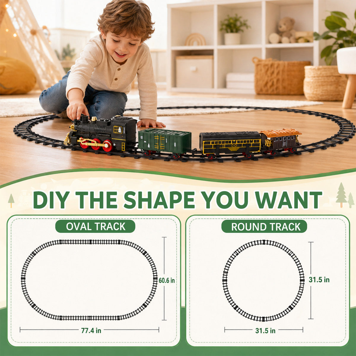 Electric Train Set, Remote Control Train Toy with Smoke, Light & Sound, Toy Train Set for Under Christmas Tree for Boys Girls