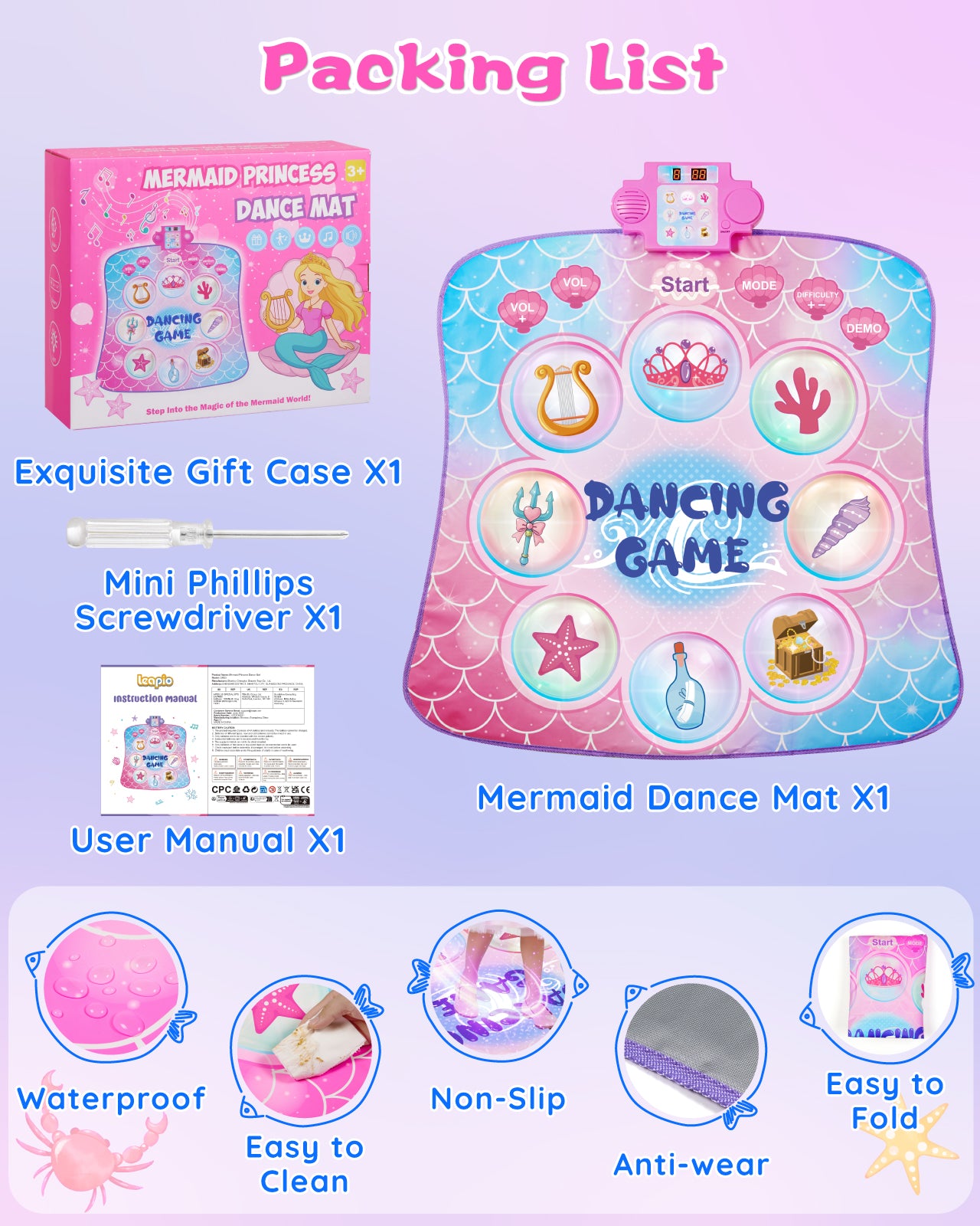 Gleamkid Dance Mat Toy for Kids, Electronic Dance Pad with LED Lights, Dance Mixer Rhythm Step Play Mat with 3 Game Modes , Musical Dance Game Toy Gift for 3 4 5 6 7 8 9 10 Years Old Boys Girls, Pink