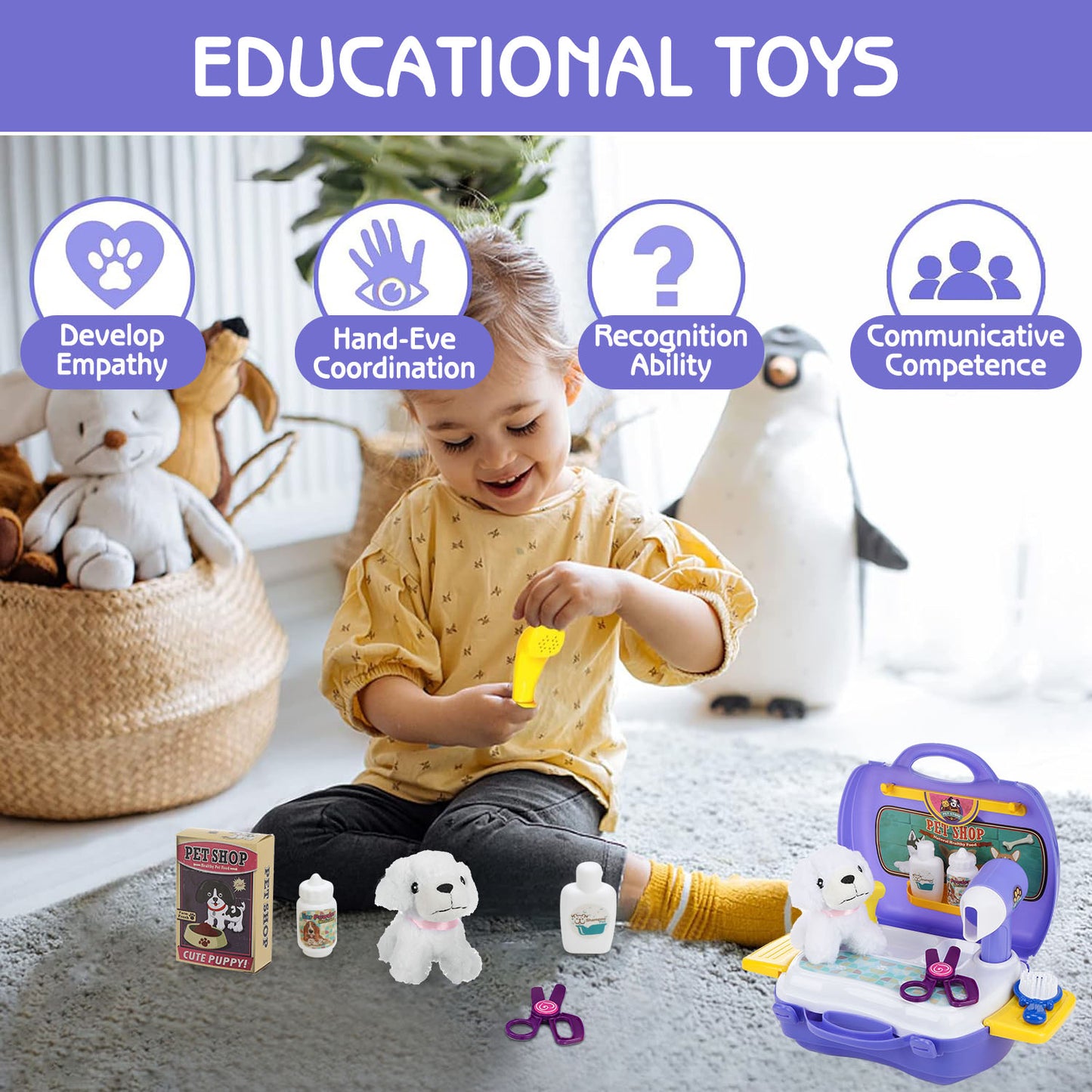 Lictin Pet Care Play Set, 16 Pcs Pretend Vet Grooming Toys with Doctor Kit for Kids, Dog Grooming Kit with Carrier Backpack for aged 3 4 5 6 7 Girls Boys Toddlers, Purple