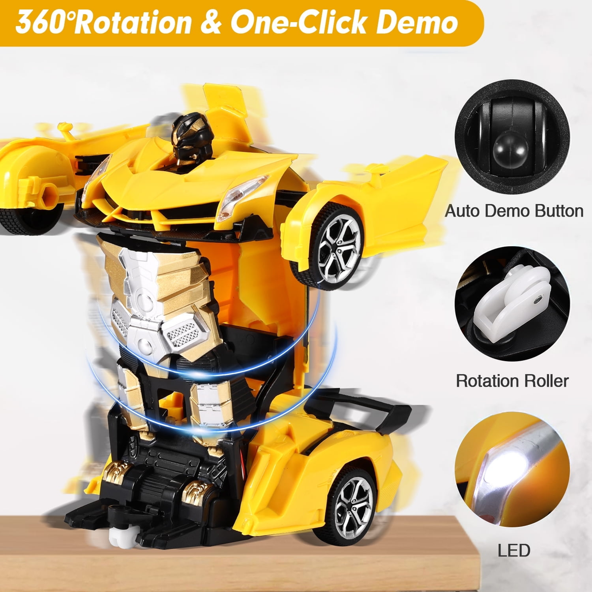 Petbank RC Transform Car Toy, 2.4Ghz Remote Control Transform Car Robot Toy, 1:18 Scale One-Button Deformation Race Car Toys for Boys Girls Ages 4-12, Yellow