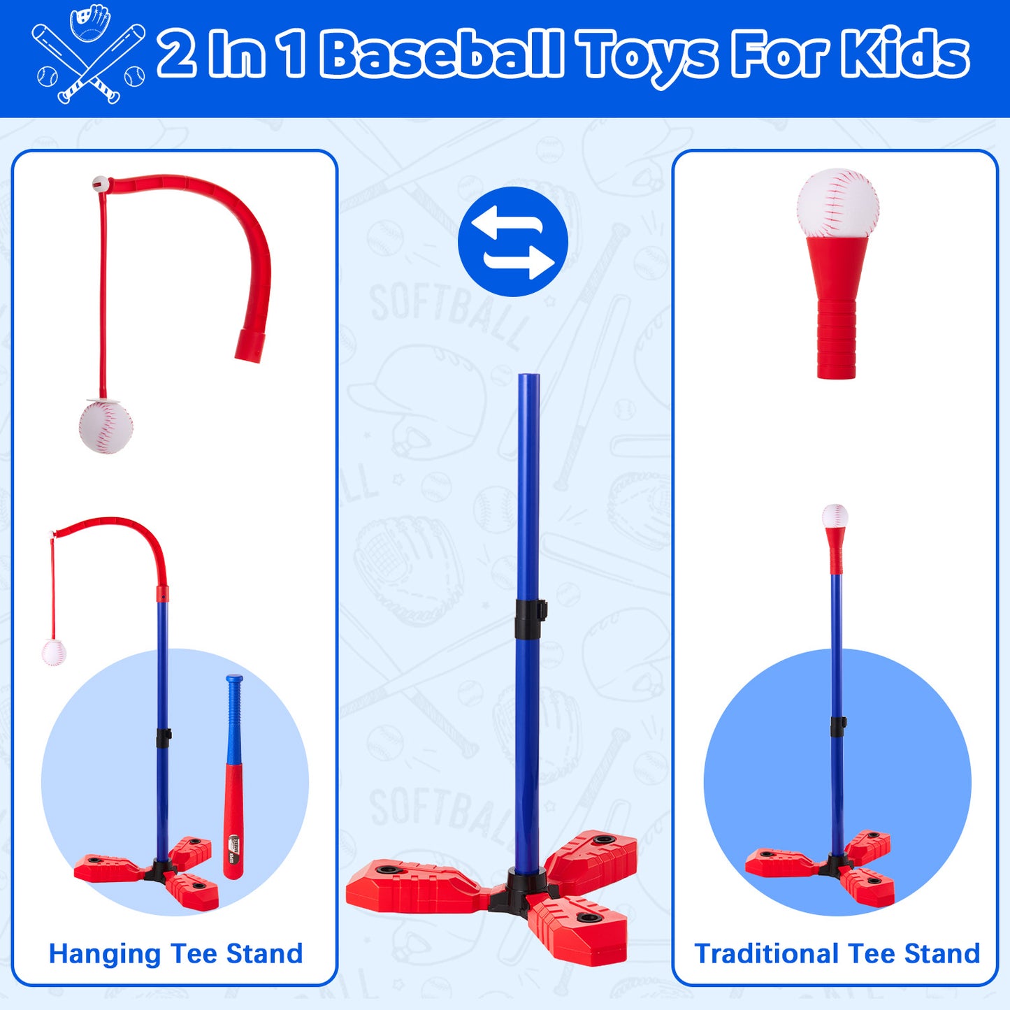 Lictin 3-in-1 T Ball Set for Kids, Adjustable Height Baseball Toy with Hanging Tee, Tee Ball Stand, Ball Launcher and 5 Balls, Indoor/Outdoor Sport Games Gifts for Boys & Girls
