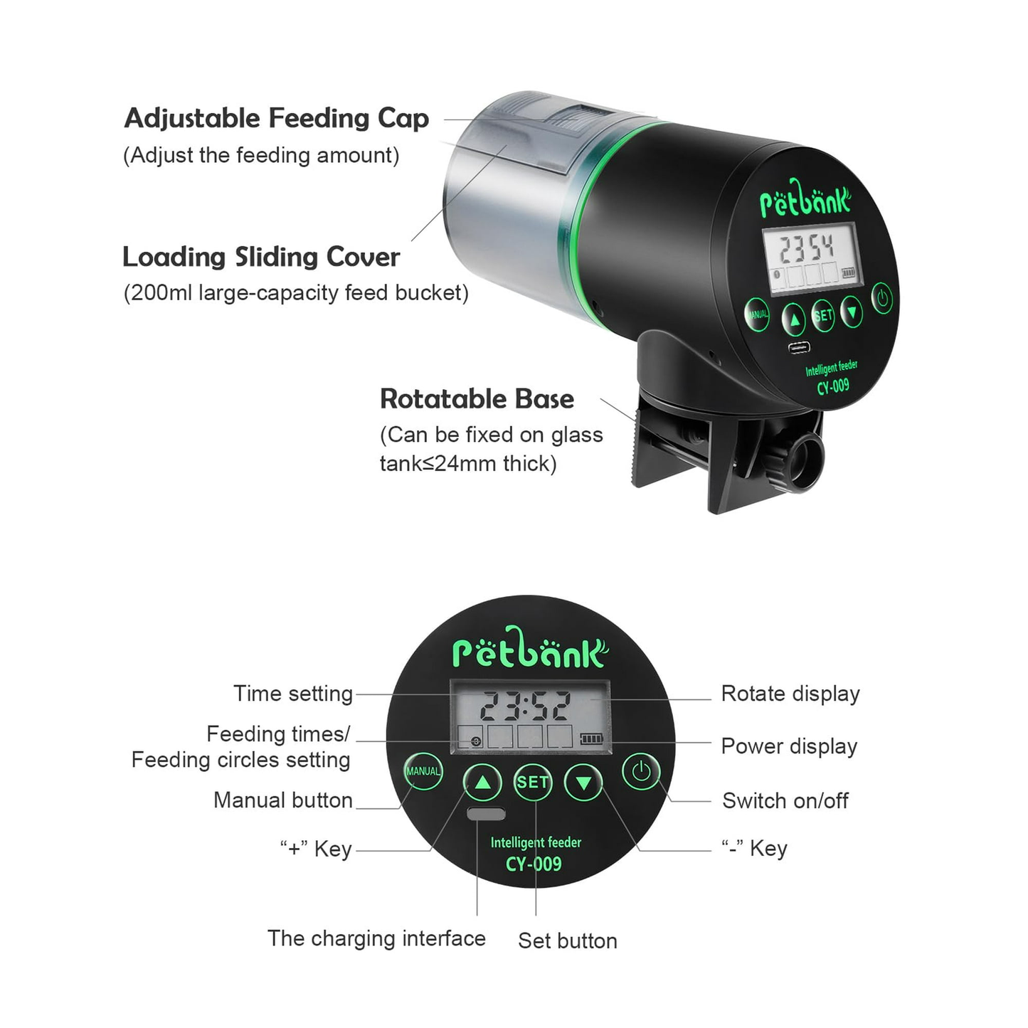 Petbank Automatic Fish Feeder, Auto Fish Food Feeder Timer Dispenser for Aquarium or Fish Turtle Tank with USB Charge Cable, Auto Feeding on Vacation