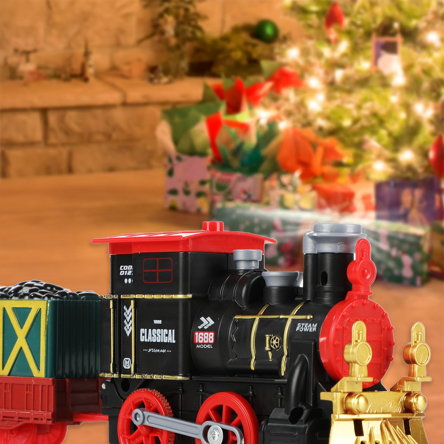 Petbank Train Set Toy for Kids, Electric Train Toy with Steam Engine, Cargo Car and Tracks, Light & Sounds, Train Model Toys Set, Best Christmas Gift for Boys & Girls Aged 3+
