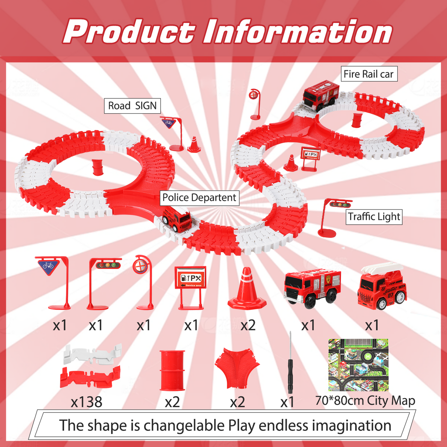 Anpro 152PCS Toy Race Car Track Set for Kids, Flexible Track Playset with 2 Fire Rescue Car for Age 3+ Boys Girls - Firefighting Theme, Red
