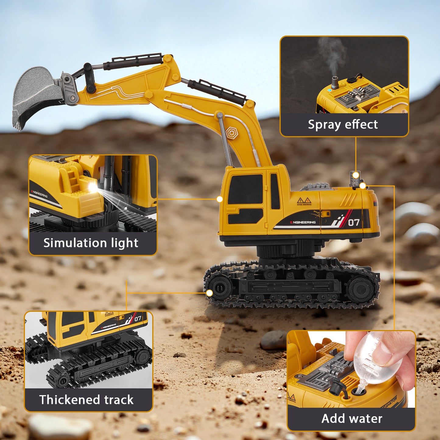 Petbank 4 in 1 Remote Control Excavator, Rechargeable RC Excavactor with Dump car, 11 Channel Excavator Construction Toy with Metal Shovel, Spray, Lights, Sounds, Gift for Boys and Girls, Yellow