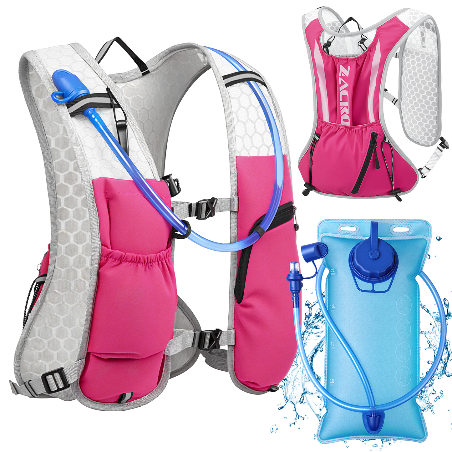 Zacro Reflective Running Vest for Men Women,  Adjustable Lightweight Running Backpack Hydration Vest with 2L Soft Flask, Running Gear for Walking, Hiking, Cycling - Pink