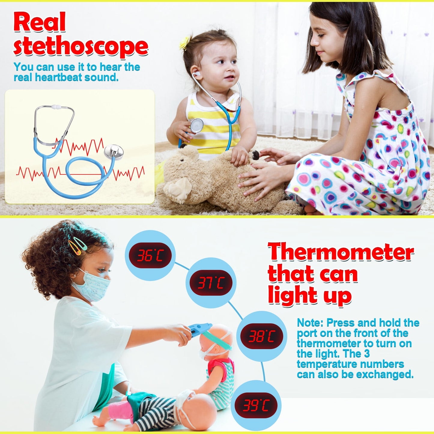Anpro Doctor Kit for Kids, 43pcs Play Medical Kit Toy with Stethoscope and Doll for Boys Ages 3+