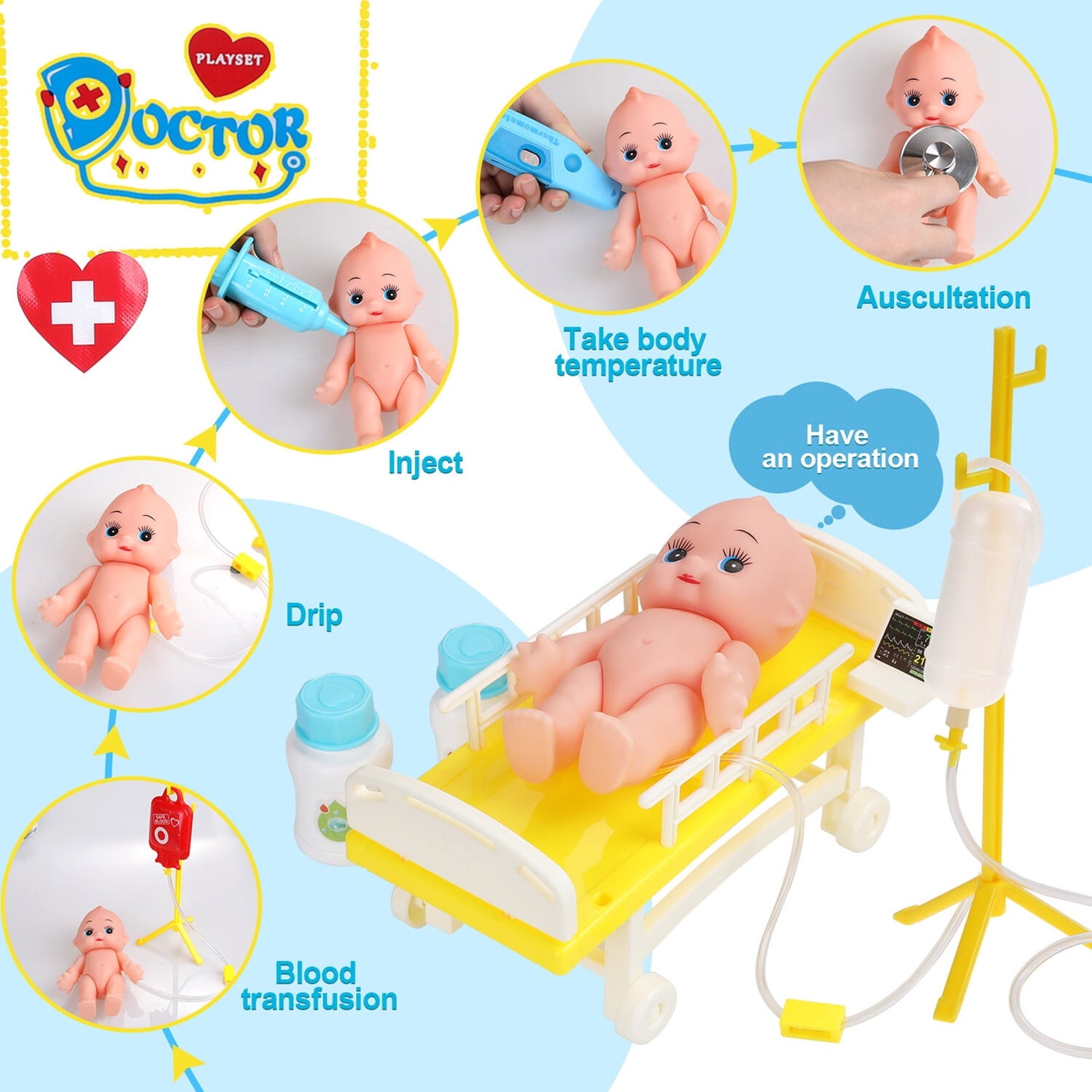 Anpro Doctor Kit for Kids, 43pcs Play Medical Kit Toy with Stethoscope and Doll for Boys Ages 3+