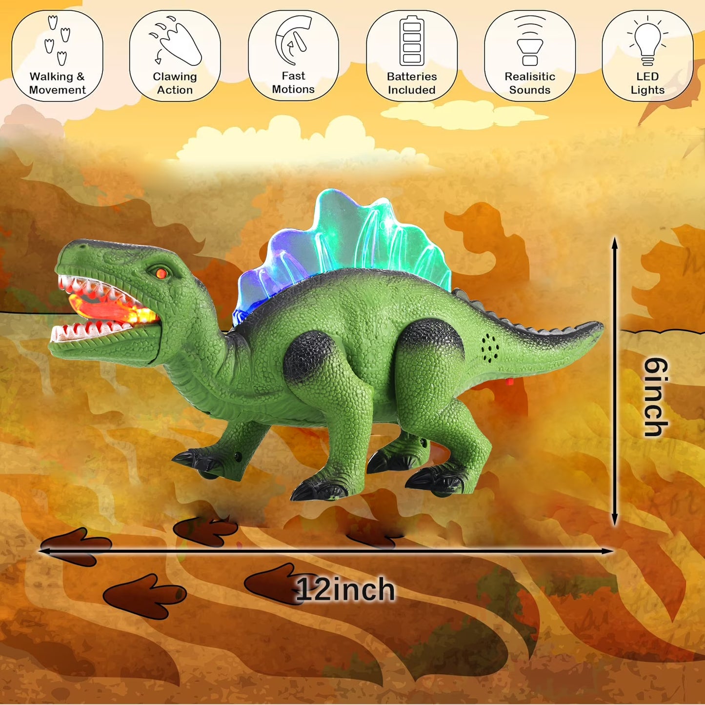 Light-up Walking Dinosaur Toy for Kids, 12 inches Electronic Dinosaur with Roaring Sound and Dinosaur Figures, Gift for Boys & Girls 3 4 5 6 7 Years - Green