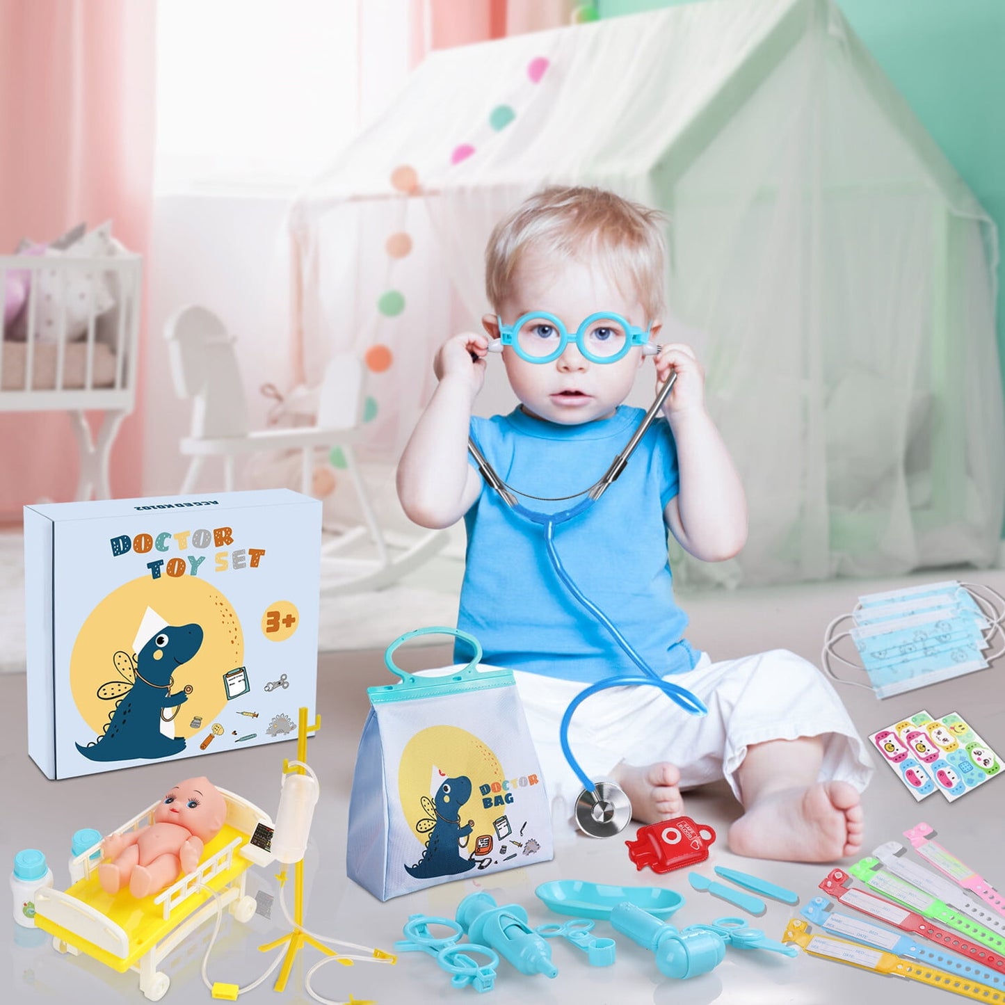 Anpro Doctor Kit for Kids, 43pcs Play Medical Kit Toy with Stethoscope and Doll for Boys Ages 3+
