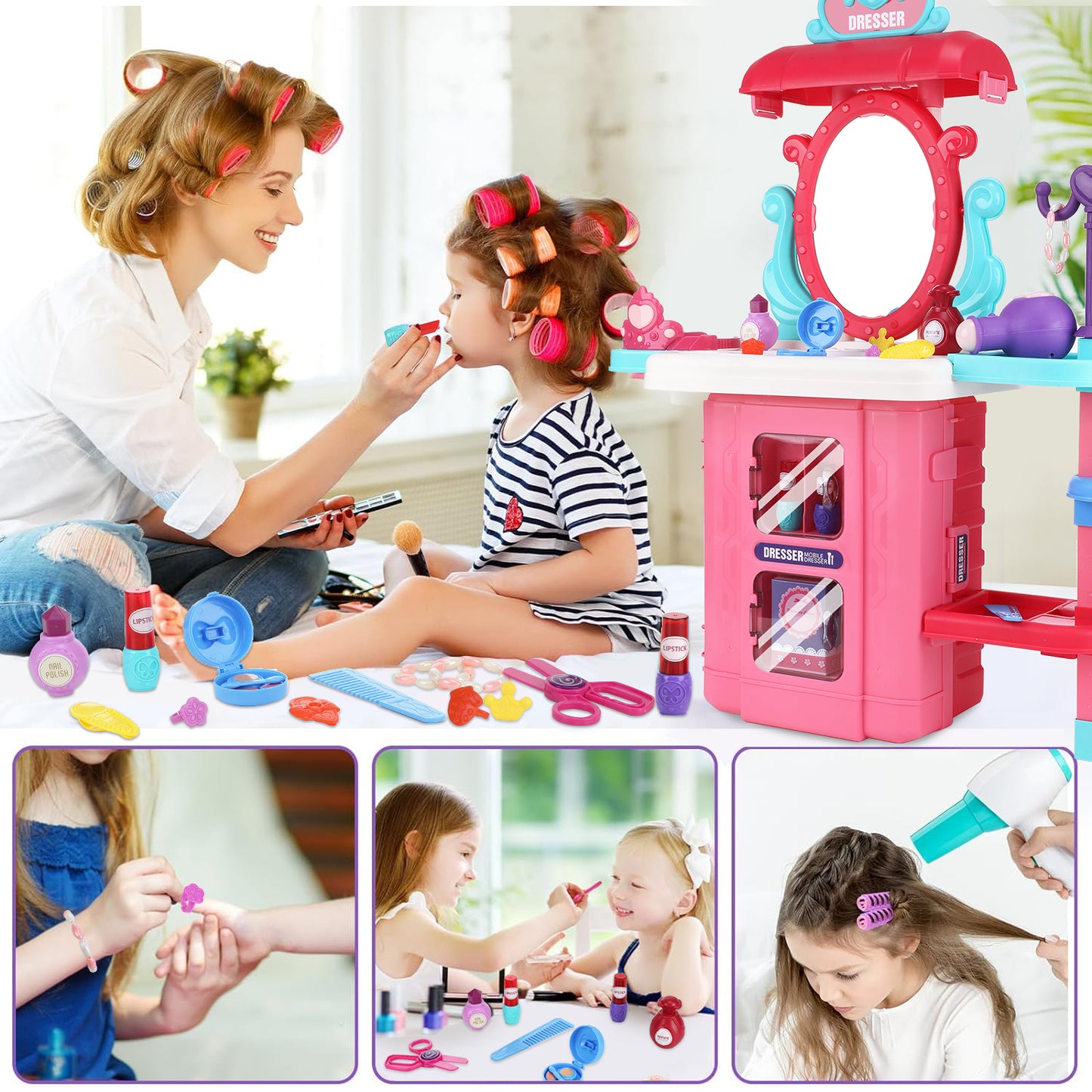 38PCS Toddler Makeup Vanity Set, Anpro 29Inch Princess Girls Vanity Table Set Toy with Light & Music and Accessories & Hair Dryer for Kids Toddlers Girl 3-5 Years, Pink