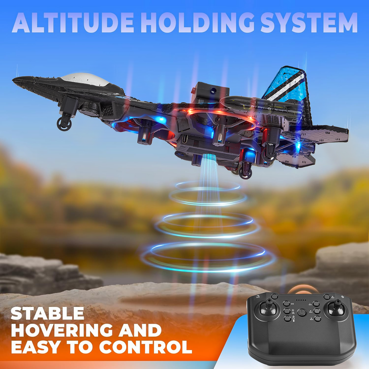 Gleamkid Foam Remote Control Airplane for Kids, 2.4GHz RC Plane with LED Lights & 360° Spin, Easy to Fly RC Aircraft Glider for Kids Adults, Black