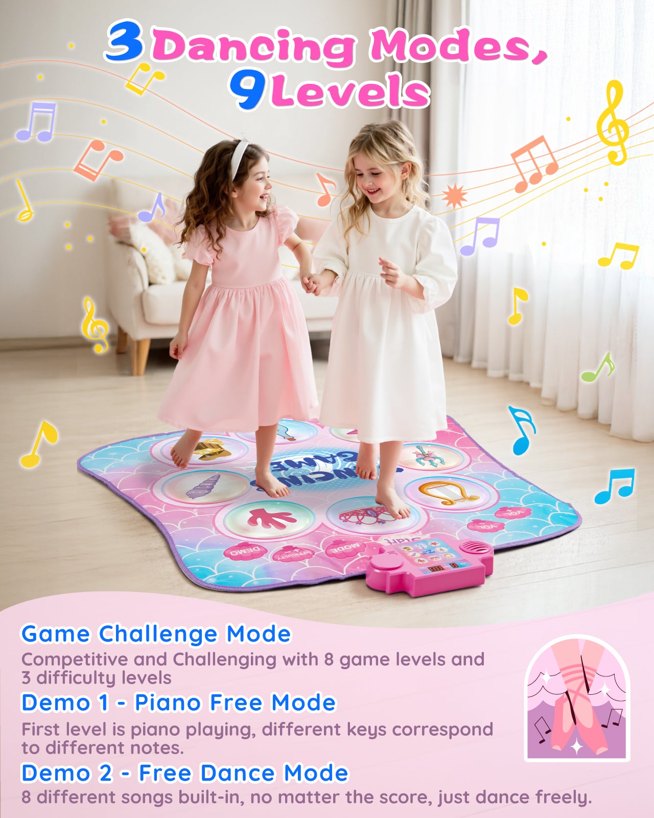 Gleamkid Dance Mat Toy for Kids, Electronic Dance Pad with LED Lights, Dance Mixer Rhythm Step Play Mat with 3 Game Modes , Musical Dance Game Toy Gift for 3 4 5 6 7 8 9 10 Years Old Boys Girls, Pink