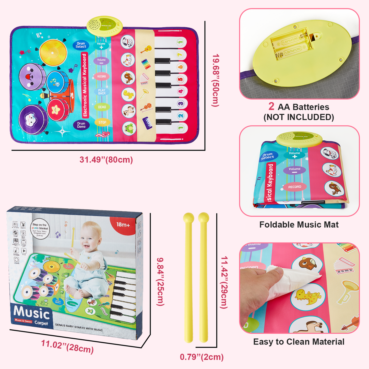 Zacro Piano Mat for Baby, 3-in-1 Keyboard & Drum Musical Mat with 2 Drum Sticks, Toddler Dance Mat Toy Gifts for Girls Boys Ages 1 2 3 4