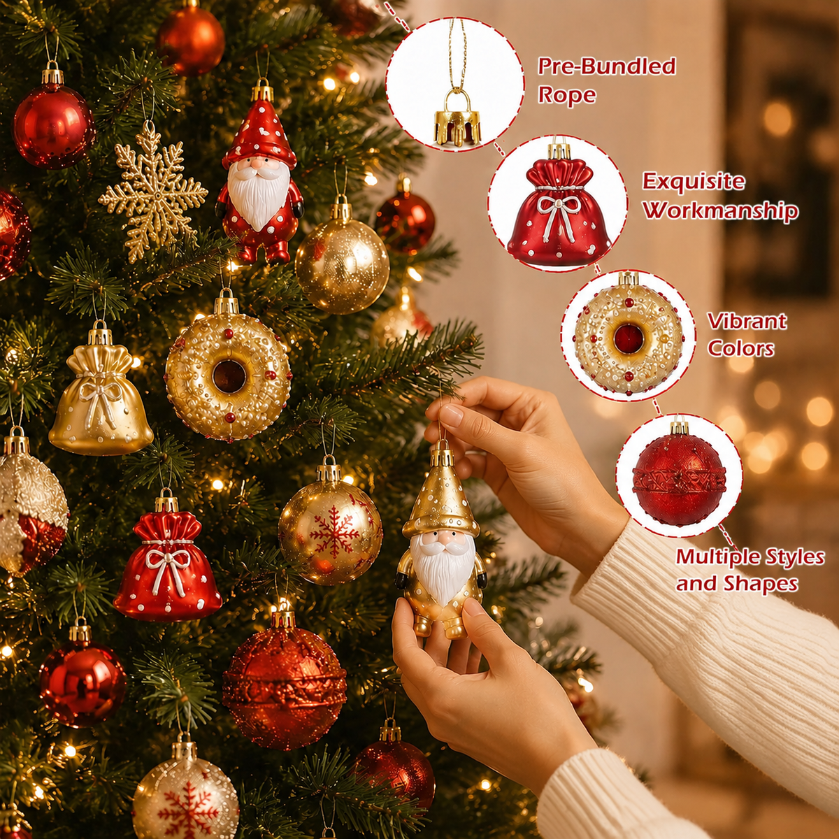 Zacro 60PCS Christmas Ornaments Set Red Gold, Shatterproof Christmas Tree Decorations Balls with Santa Snowflake Hanging Decorations, Xmas Holiday Decor for Tree Home Party