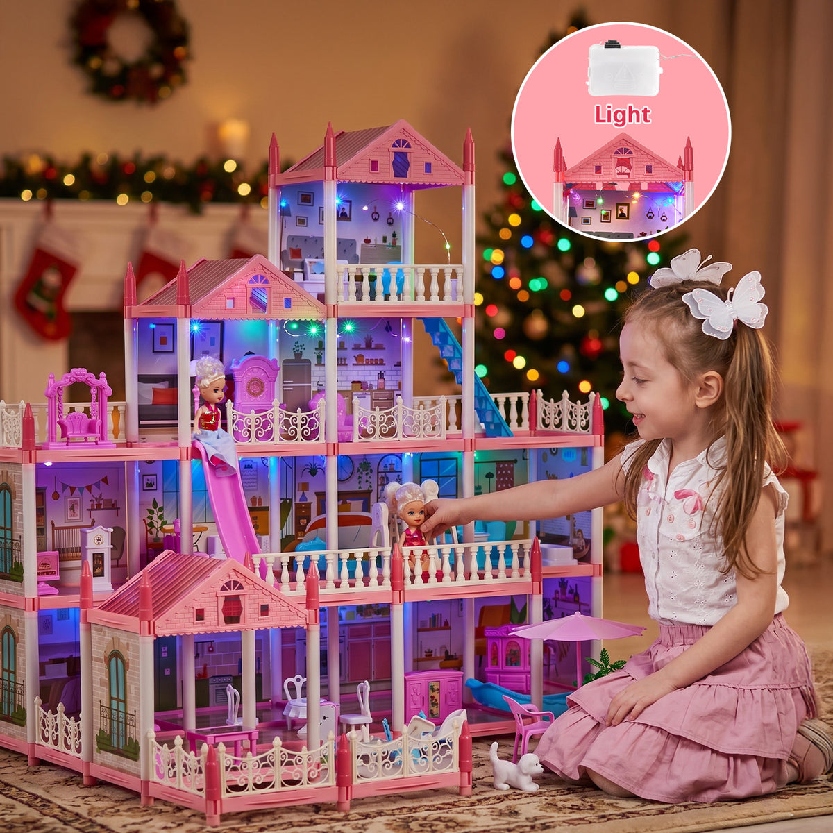 Dollhouse for Kids, 14 Rooms Doll House with Warm Light, DIY Playhouse with Furniture, Light Strip & Slide, Kids Doll House for Girls Ages 3-12, Pink