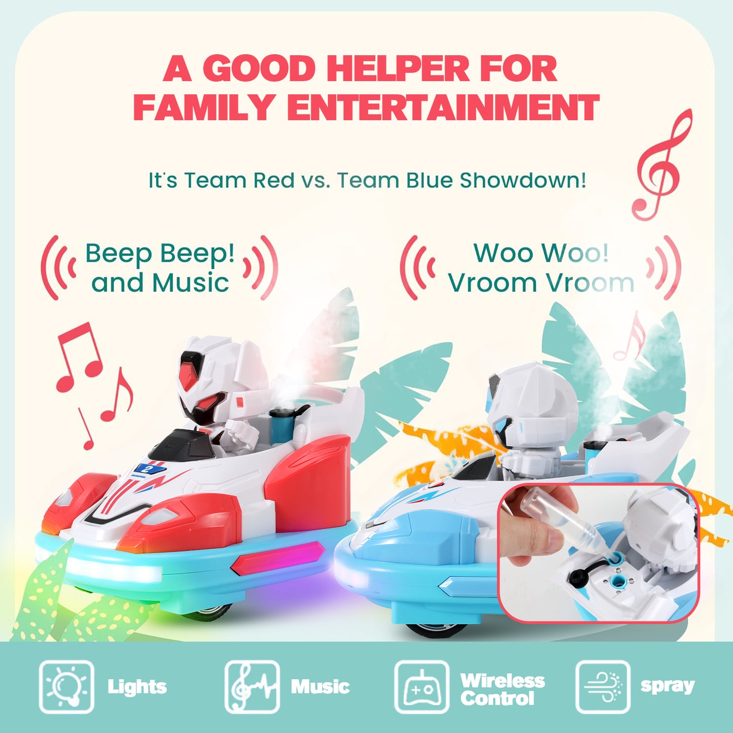 Anpro Remote Control Car for Toddlers, Kids RC Ejecting Bumper Car with Music LED Lights Spray, RC Cartoon Car Speed Bumper Cars Toys Set of 2 Players for Boy Birthday Gifts