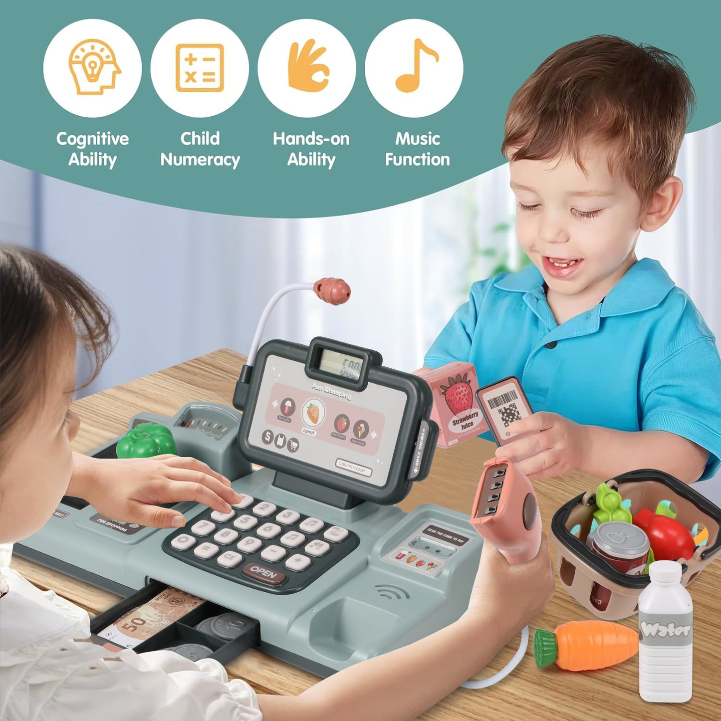 Cash Register for Kids, Anpro Pretend Store Toy Play Set with Sound Scanner, Role Play Shopping Cashier Playset with Sound Food Shopping Basket for Boys Girls 3+ Years, Blue