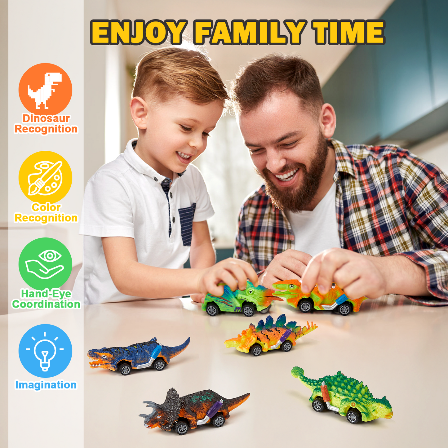 Anpro 6 pack Dinosaur Pull Back Car Toy for Kids, Dinosaur Car Toy for Boys Girls 2 3 4 5 Year Old