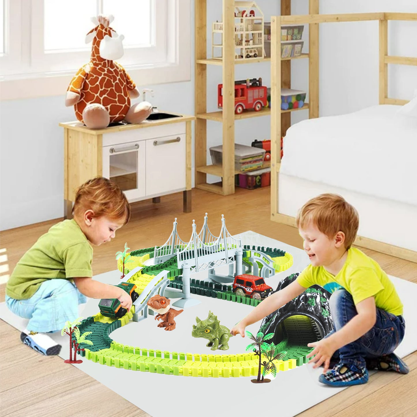 Anpro Dinosaur Race Car Track Set for Boys, 240pcs Flexible Track Playset, Create a Dinosaur World Road Toys for Boys Age 3+