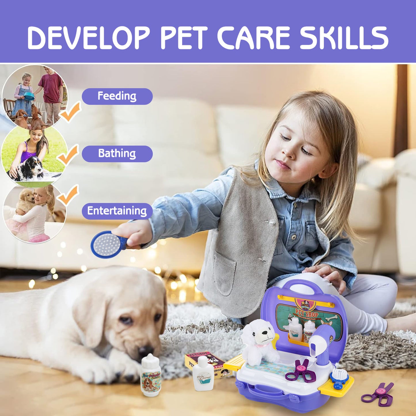 Lictin Pet Care Play Set, 16 Pcs Pretend Vet Grooming Toys with Doctor Kit for Kids, Dog Grooming Kit with Carrier Backpack for aged 3 4 5 6 7 Girls Boys Toddlers, Purple