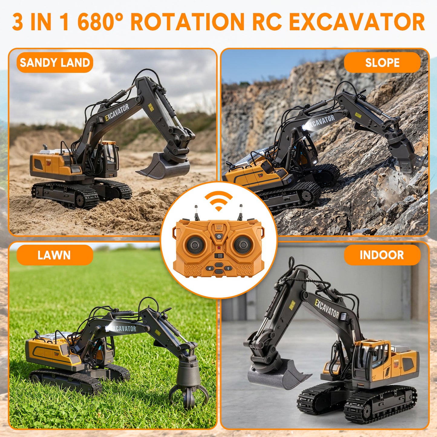Remote Control Excavator Toys for Boys, 2.4GHz 14 Channel Construction Vehicles Toys with Shovel, Claw & Drill, Engineering Vehicle with Lights & Sounds Gift for Kids
