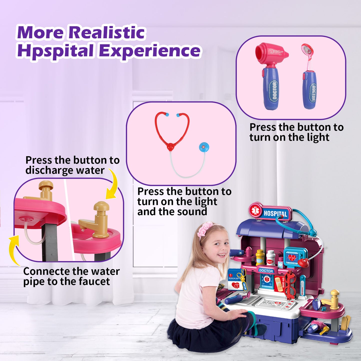 Anpro 38Pcs Toy Doctor Kit for Kids, 28Inch 3 in 1 Role Play Toys Medical Kit with Stethoscope, Pretend Mobile Medical Station with Realistic Light & Sound Effects for Boys Girls Age 3+, Red