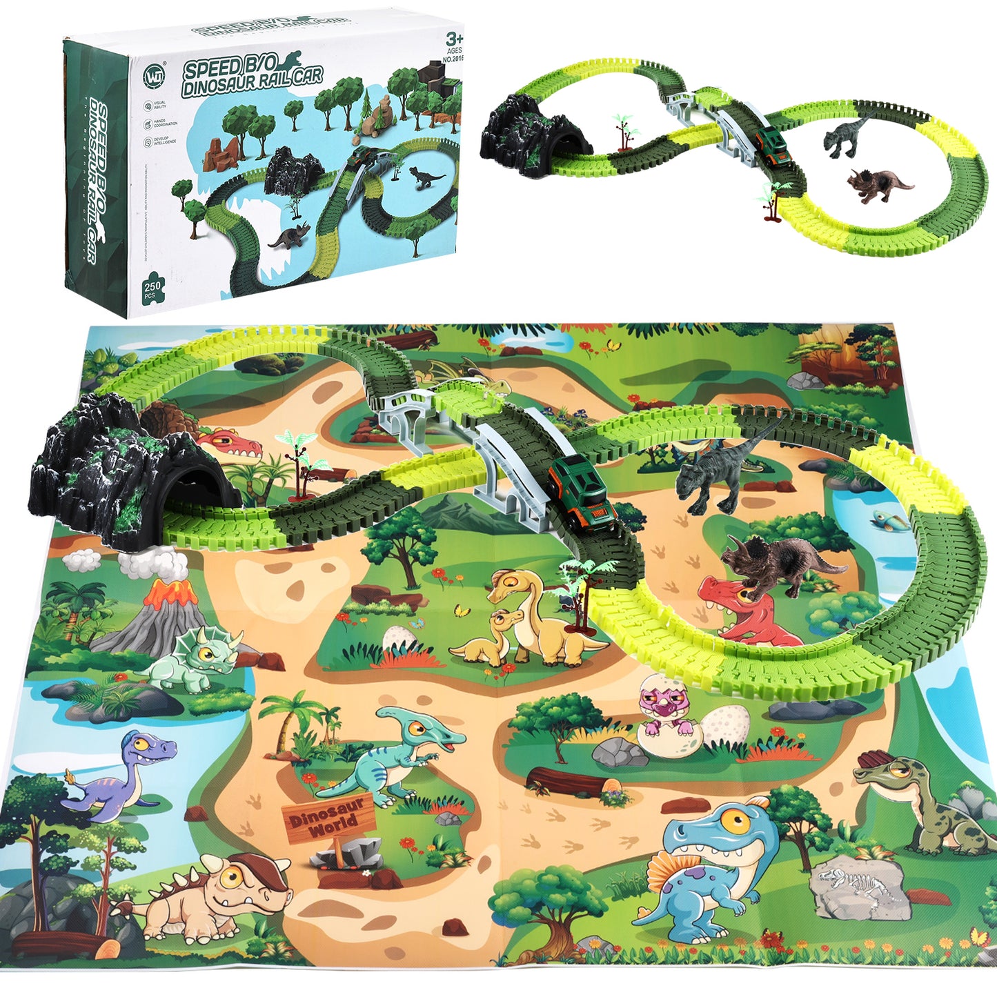 Anpro Dinosaur Race Car Track Set for Boys, 240pcs Flexible Track Playset, Create a Dinosaur World Road Toys for Boys Age 3+