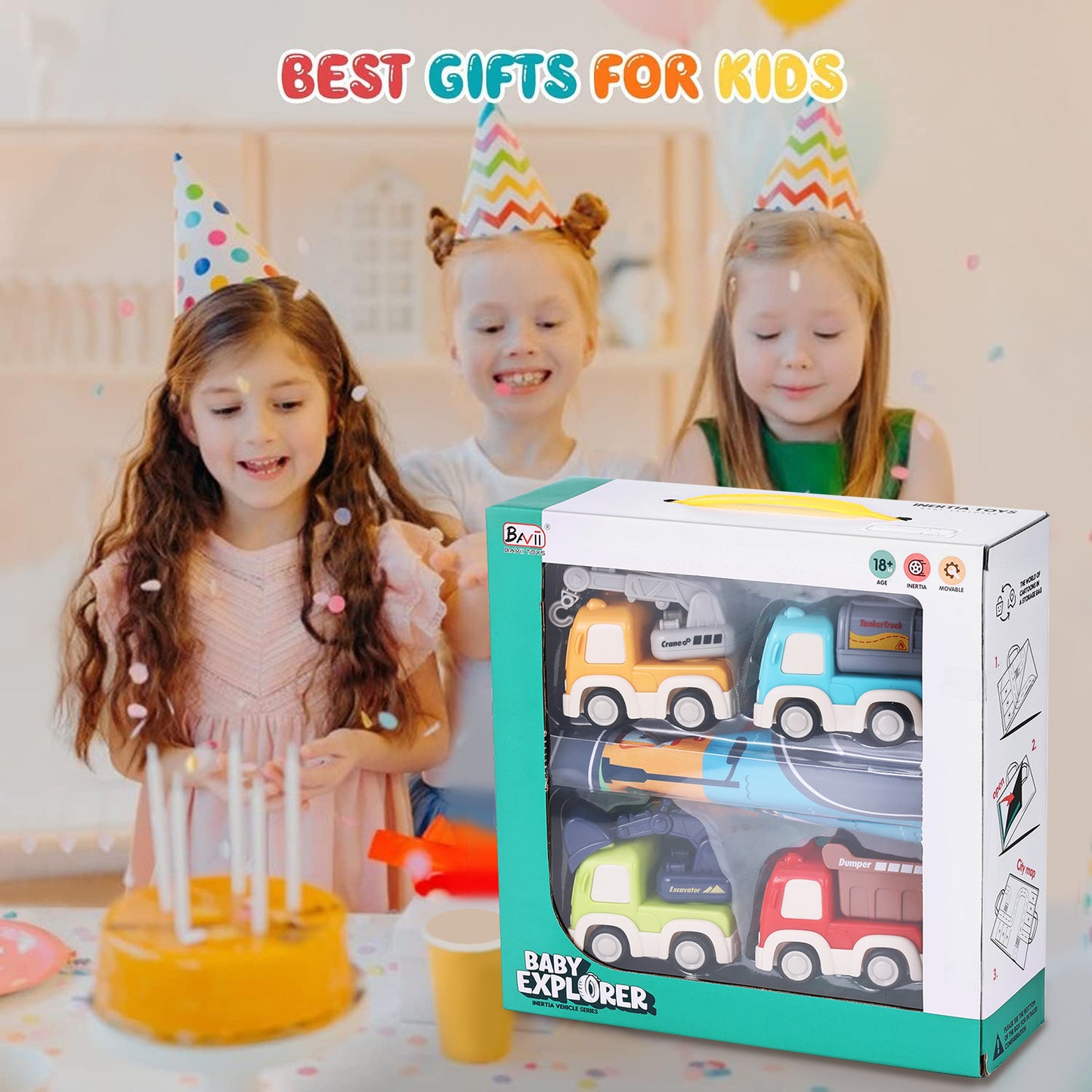 Anpro Friction Powered Cars Toy with Playmat Storage Bag, Push and Go Car Baby Toys, Pull Back Construction Truck Vehicles Play Set for Boys Girls Toddlers Kids, 4 Pack