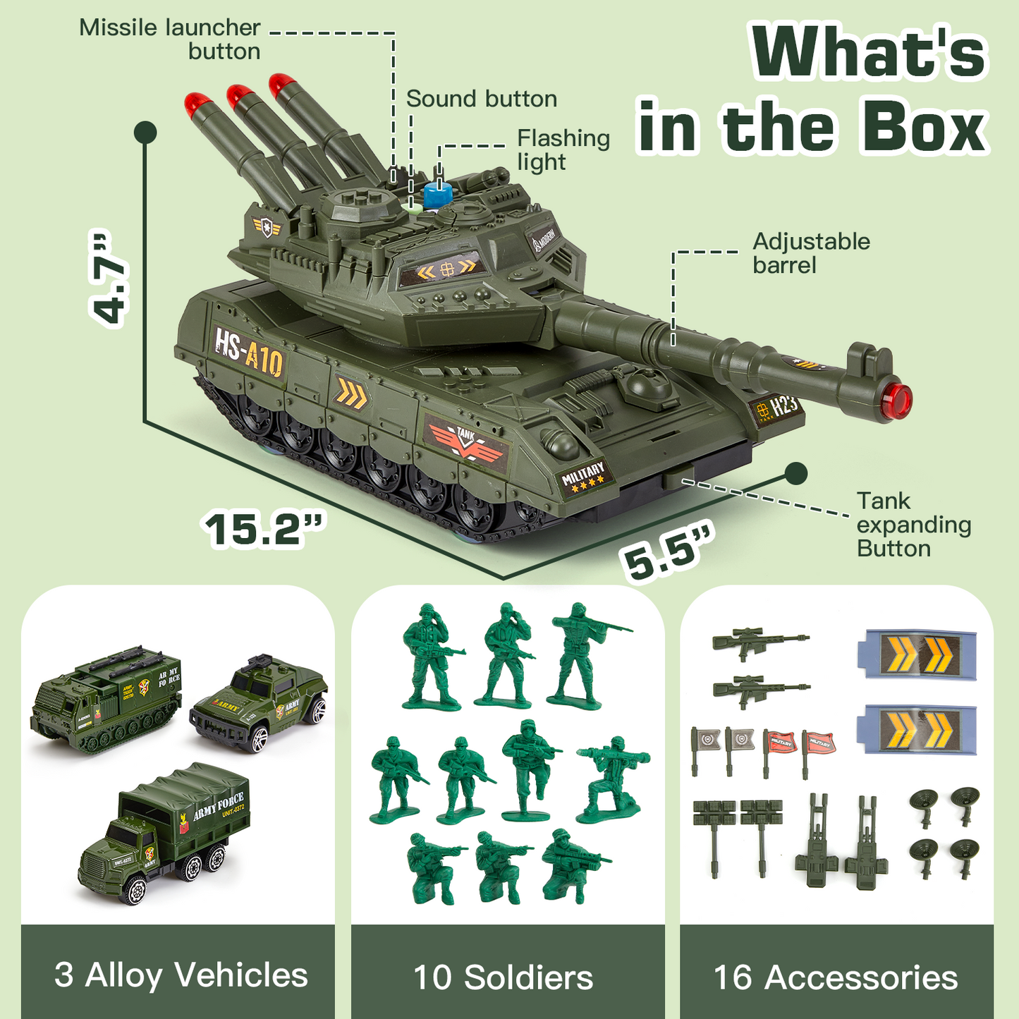 Zacro Tank Toys Playset, Army Toy Tank with Lights & Sound, 3 Army Vehicles Trucks, 10 Army Men, Toy Gifts for Toddler Kids Boys Ages 3+
