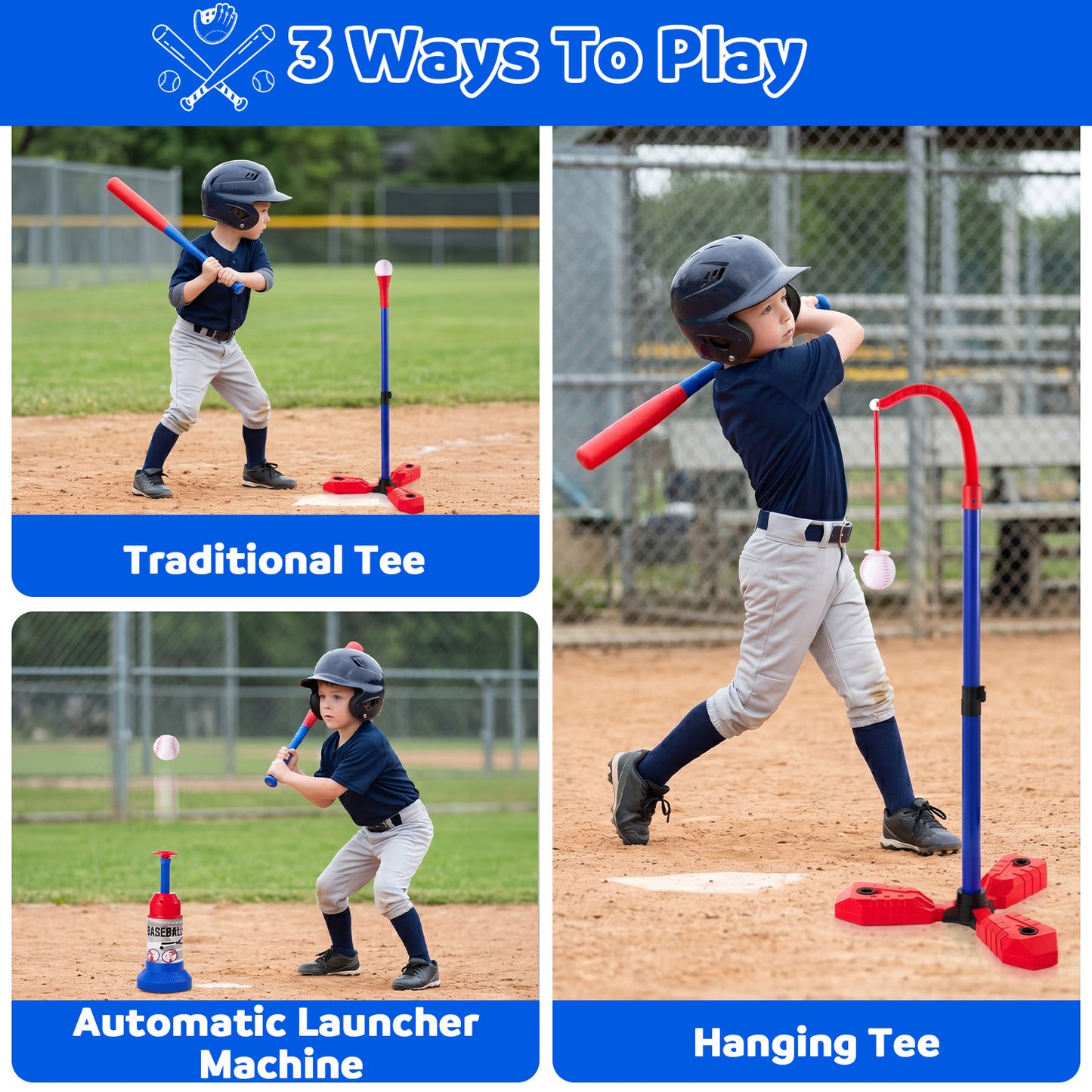 Lictin 3-in-1 T Ball Set for Kids, Adjustable Height Baseball Toy with Hanging Tee, Tee Ball Stand, Ball Launcher and 5 Balls, Indoor/Outdoor Sport Games Gifts for Boys & Girls