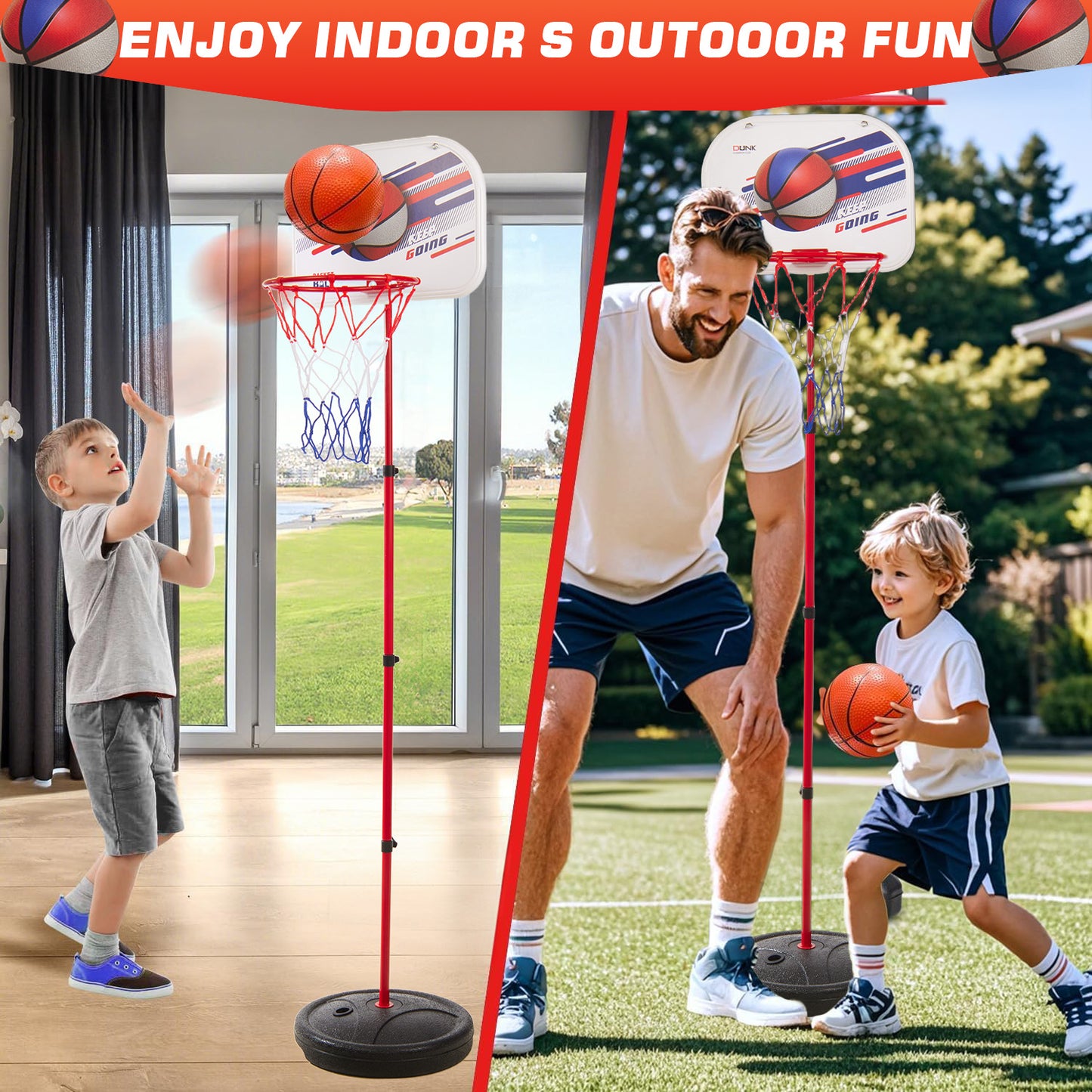 Anpro Kids Basketball Hoop with Stand, Adjustable Height 1.9FT-4.9FT, Toddler Basketball Hoop, Indoor Outdoor Mini Portable Basketball Goal Toys for Boys Girls Gift