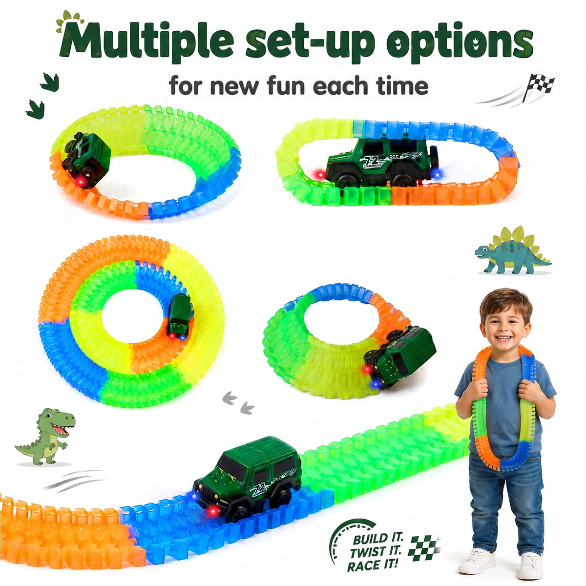 Lictin Dinosaur Race Track Toys for Kids, 246PCS Glowing Flexible Race Car Track Set with with Light-Up Car, 3 Dinosaur Figures & Play Map, Birthday Gift for Boys & Girls Ages 3+