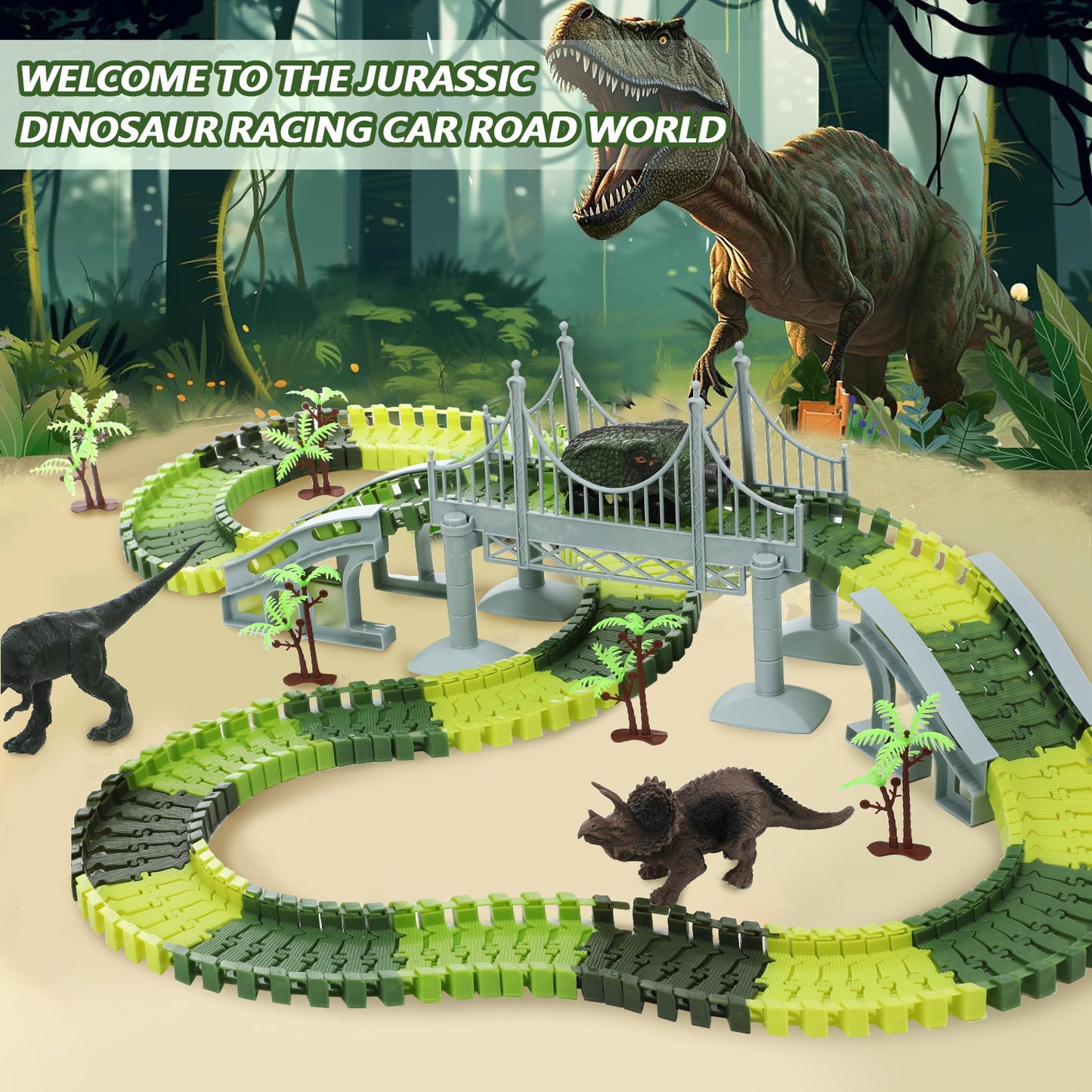 Anpro 193PCS Dinosaur Toys Race Car Track Set with Dino Car, Dinosaur World Flexible Track Playset with Map for Toddlers Boys Girls Age 3+