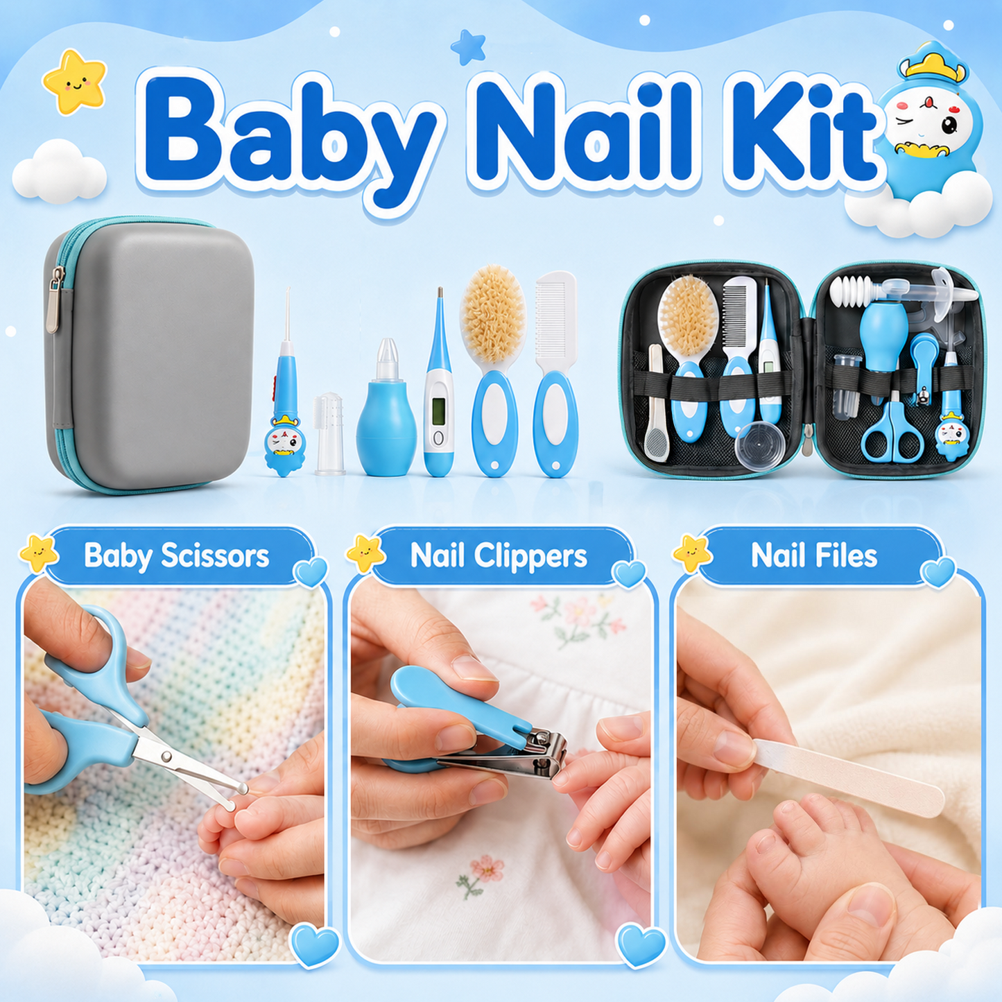 Lictin Baby Grooming and Healthcare Kit, 15PCS Newborn Nursery Safety Set with Thermometer Nail Clipper Brush Comb, Baby Care Kit for Infant Toddlers Baby Boys Girls