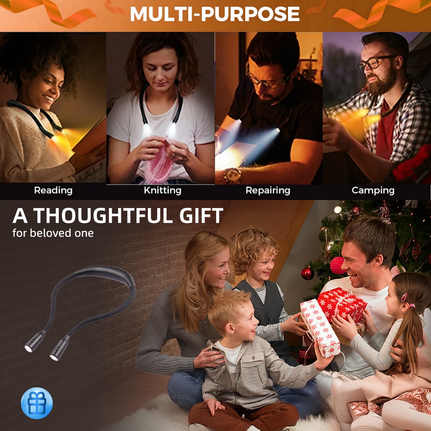 Anpro Rechargeable Neck Reading Light 4 LED, 3 Brightness Levels Lighting & 3 Color Temperatures Book Light for Reading in Bed, up to 40 Hours Reading, Bendable Long Arms Lamp
